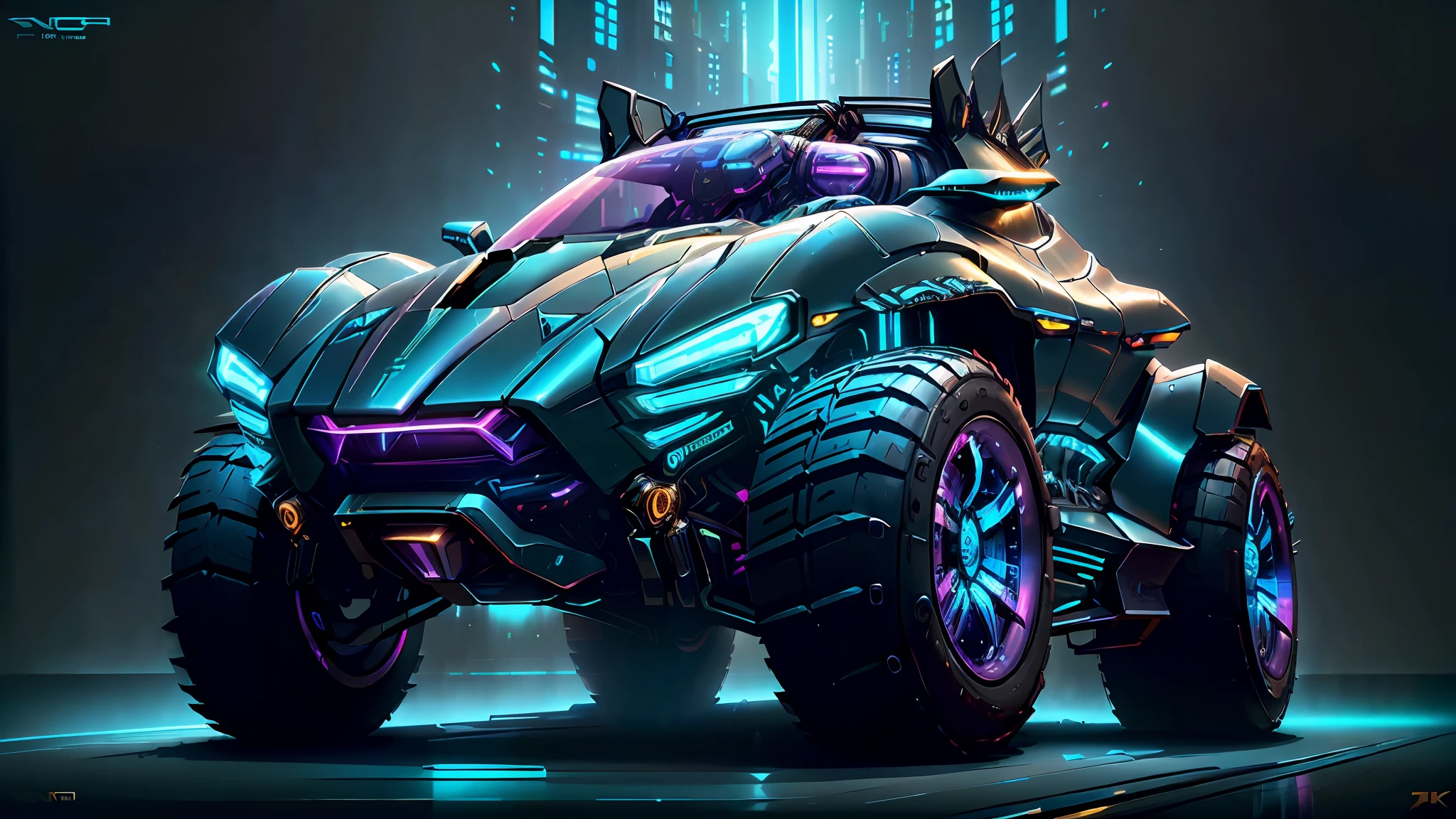(CyberPunkAI:1.2), (BugattiAI:0.4), (sleek symmetrical futuristic sports car:1.2) with a futuristic weapon mount, (iridescent blue:1.4) paint, (city background, at night:1.4), highly detailed rims, (glowing rims:1.2), (intricate details, golden ratio, masterpiece:1.2), (8k, photorealistic, insane quality, best quality:1.6), extremely detailed, highest detail, highly detailed, incredibly detailed