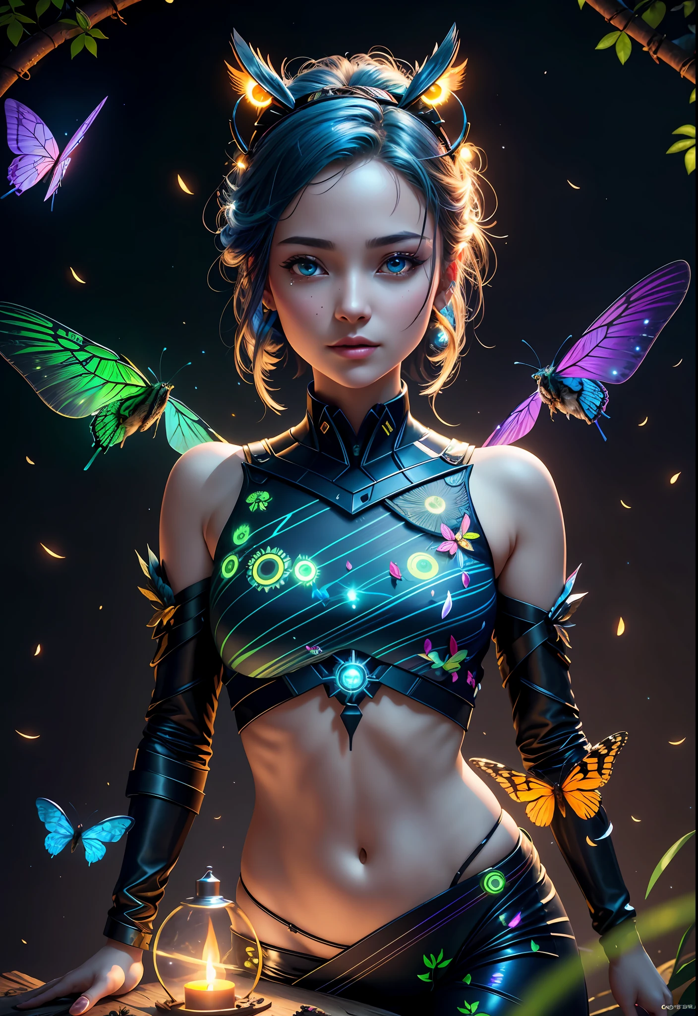 Masterpiece, best quality, extremely beautiful reflection, best reflection. (Very detailed CG unity 8k wallpaper), (best quality), (best illustration), (best shadow), a photo of a cybernetic owl, perched on barbed wire in a dark alley. His eyes are neon blue, reflecting the lights of the surrounding city. The feathers are fragmented and iridescent, and there is a wonderful code running through them. The shots used create a deformation effect, giving the impression that an owl is observing the viewer from all angles, with a forest theme with natural elements. Tall trees, quiet stream, glowing small mushrooms surrounded by delicate leaves and branches, and fireflies and glowing particle effects, (natural elements), (jungle theme), (leaves), (branches), (fireflies), butterflies, (delicate leaves), (glow), (particle effects), isometric 3D, Octane rendering, ray tracing, super detailed