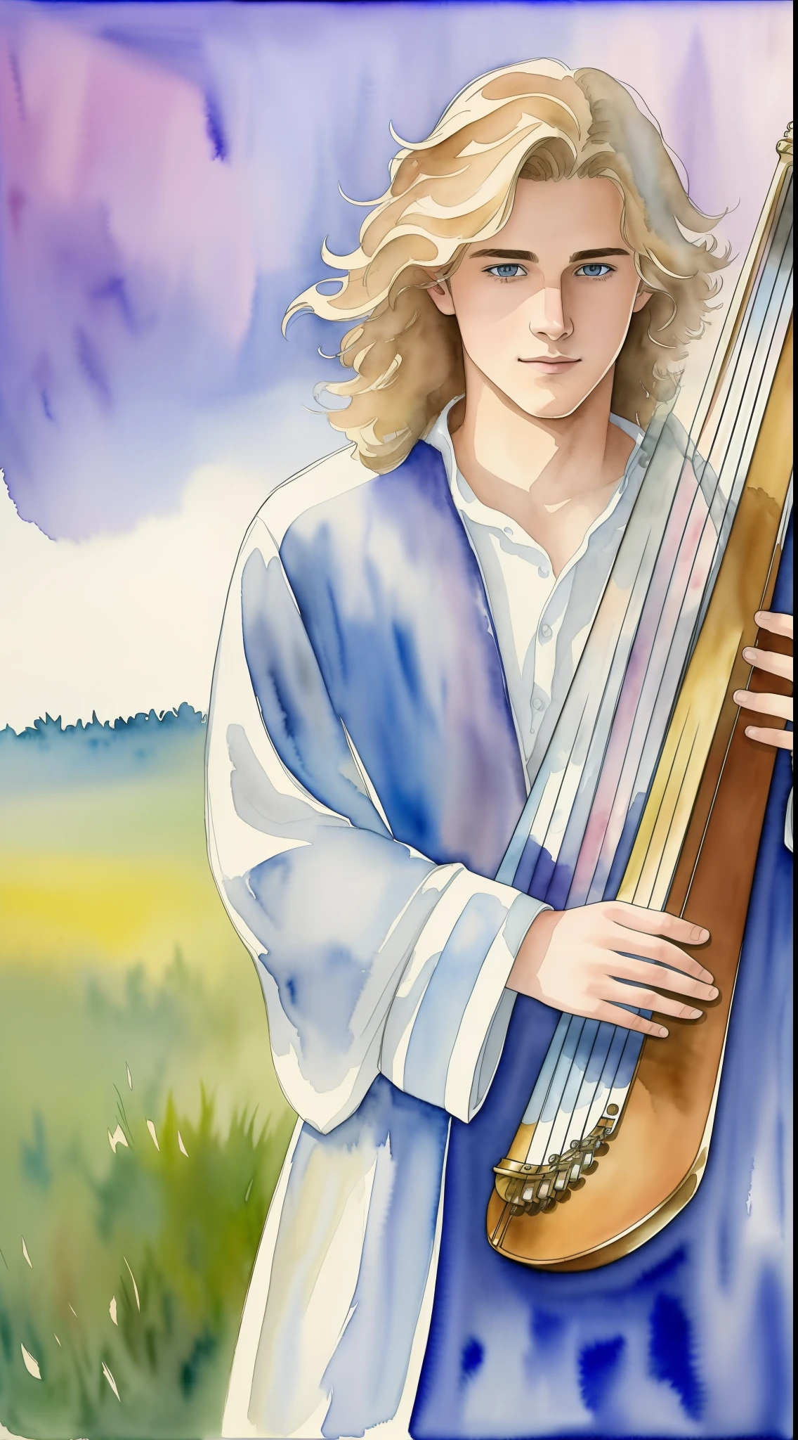 (Watercolor: 1.4), the best possible quality, 8K, handsome 18-year-old with wavy blonde hair gently plays a hand harp, wearing noble and elegant garments while standing in the middle of a dreamy field, surrounded by the beauty of nature.