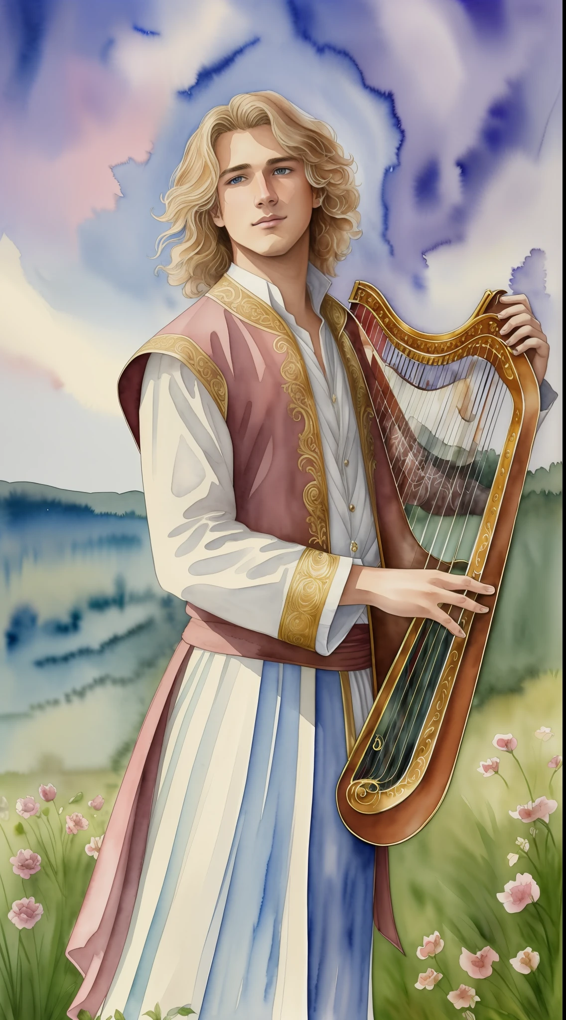(Watercolor: 1.4), the best possible quality, 8K, handsome 18-year-old with wavy blonde hair gently plays a hand harp, wearing noble and elegant garments while standing in the middle of a dreamy field, surrounded by the beauty of nature.