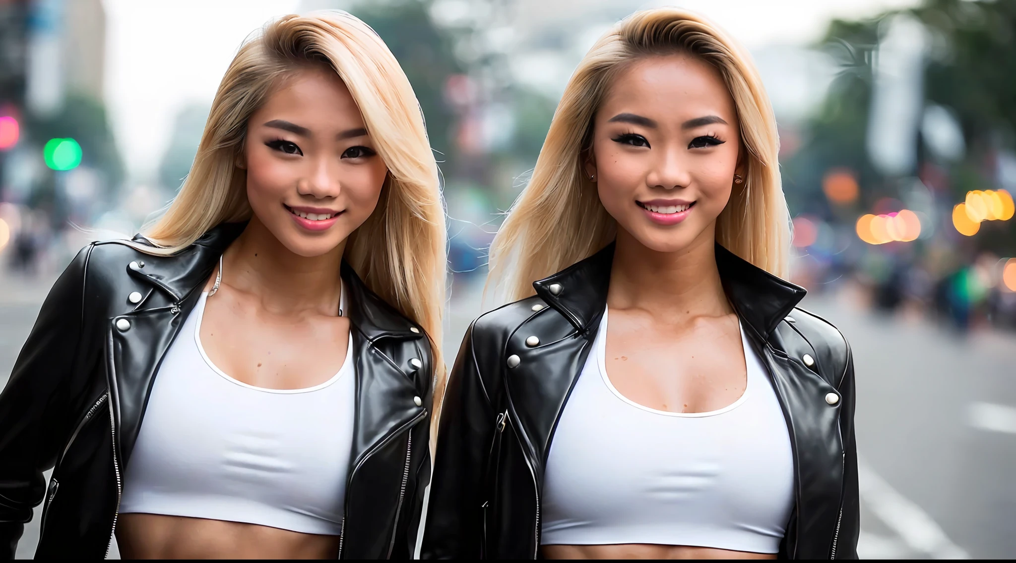 a group of beautiful young Thai women with blond hair and a bodybuilder physique, wearing a white top under a leather jacket, wet on the street, smile, taking selfie, cinematic, Key light, backlight, natural lighting, photography 400 ISO film grain 30mm lens RAW aperture f1.8, art photographer, intricate
