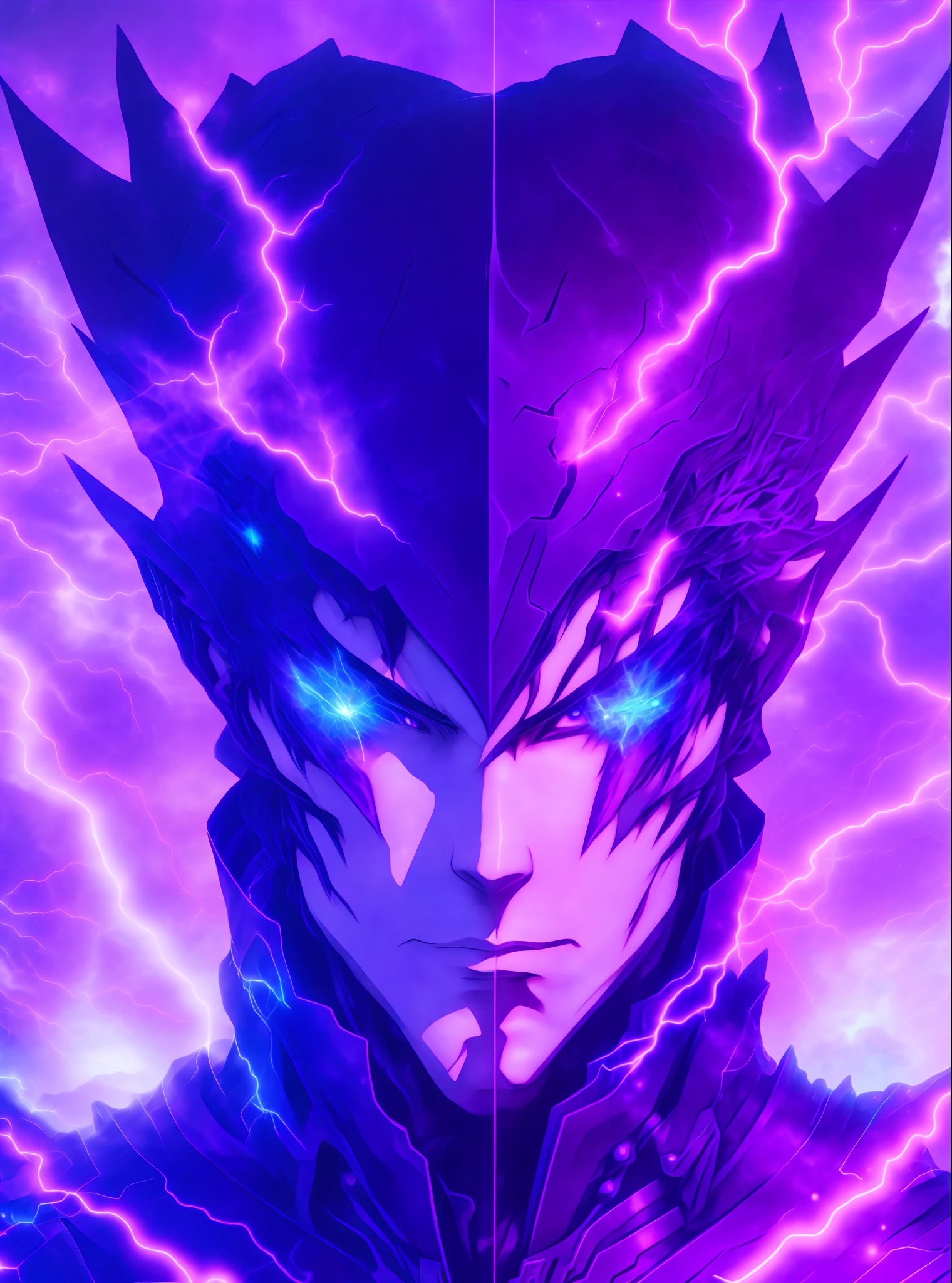a close-up of a person with a purple and blue background full of lightning, glowing black aura, evil aura, 8k anime, an epic anime of a being with lightning powers, epic anime style, menacing aura, aura of darkness, evolving into his final form, glowing power aura, cosmic power glowing and flourishing, many lightning bolts surrounding the character