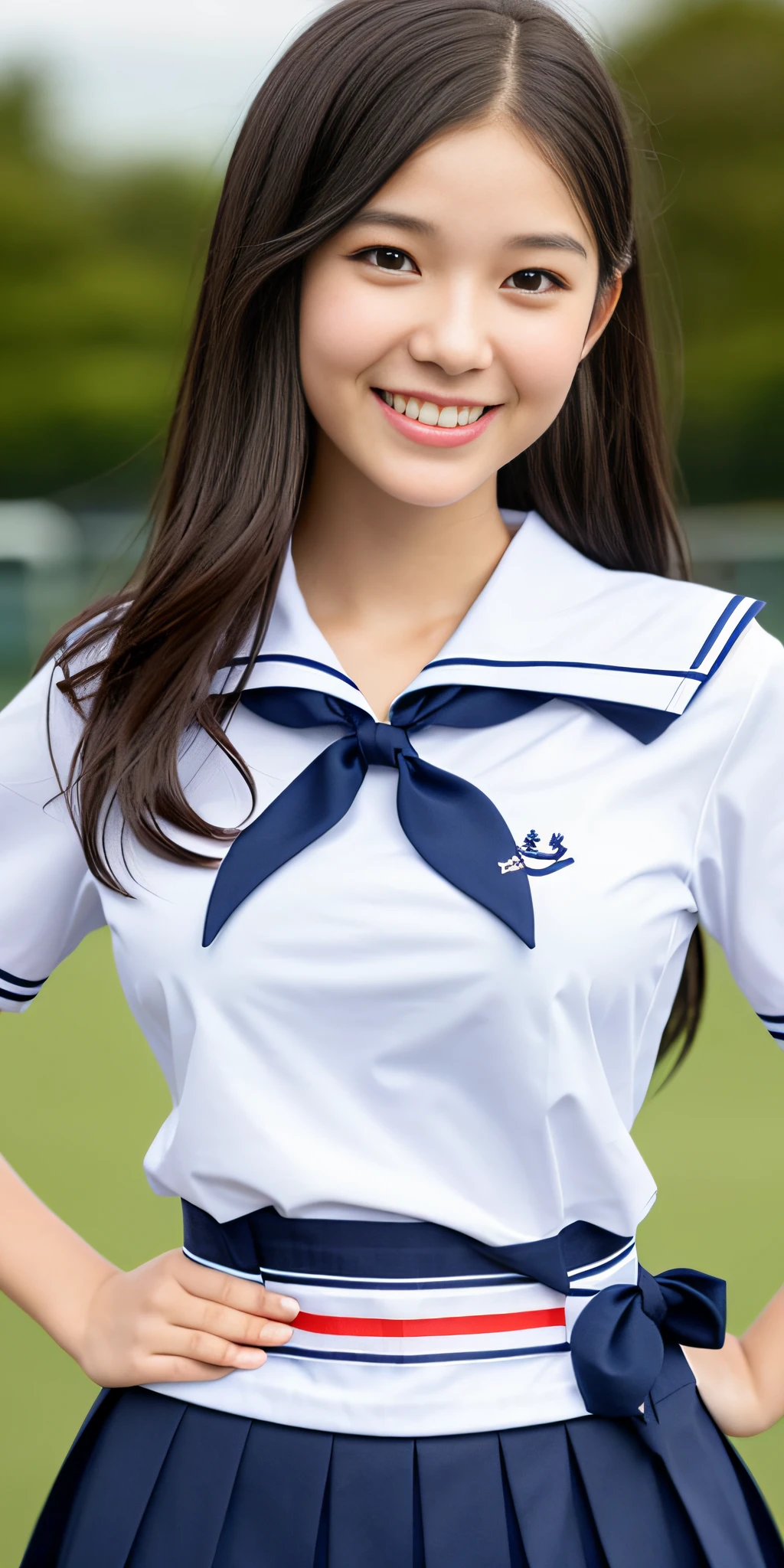 neat college girl, (school uniform, sailor uniform, ribbon tied at chest, summer uniform, upper body white, skirt is navy blue), outside the athletic field, (slim), photorealistic, detail, skin texture, ultra detail, delicate and sexy collarbone, smile, super detailed face, detailed lips, detailed eyes, double eyelids, small breasts, small breasts, small, flat breasts, breast emphasis