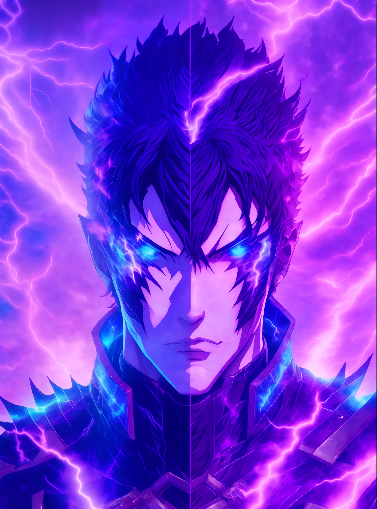 a close-up of a person with a purple and blue background full of lightning, glowing black aura, evil aura, 8k anime, an epic anime of a being with lightning powers, epic anime style, menacing aura, aura of darkness, evolving into his final form, glowing power aura, cosmic power glowing and flourishing, many lightning bolts surrounding the character