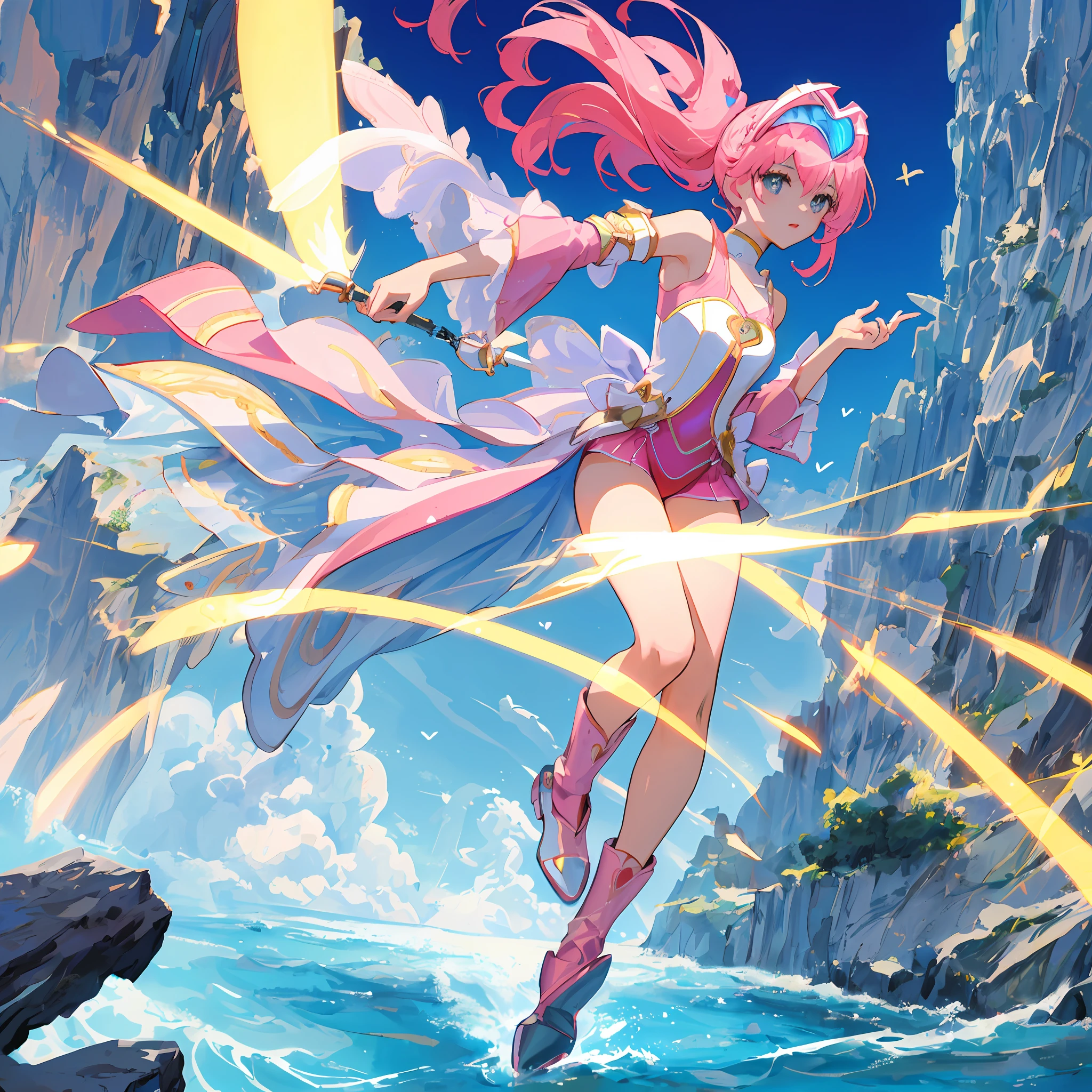 (masterpiece, top quality: 1.2), super detailed, cinematic lighting, (1 girl: 1.3), she is a squadron heroine, goranger, pink full-body suit, pink helmet with a big heart-shaped visor, very big heart mark on chest, fight phantom, solo, beautiful detail eyes, unified 8k wallpaper, super detailed, beautiful and beautiful, beautiful, slim body, small, masterpiece, best quality, Original, Masterpiece, Best Quality, Ultra High Definition, Sunlight, Full Body Portrait, Full Body, Amazing Beauty, Dynamic Pose, Dynamic Angle, Beautiful Eyes, She is a squadron heroine, Gorenger, pink full-body suit, very big heart mark on chest, fighting phantom, heart-shaped rays, flying light, highly detailed cliff rocky background, detailed complex busy background, clear focus,