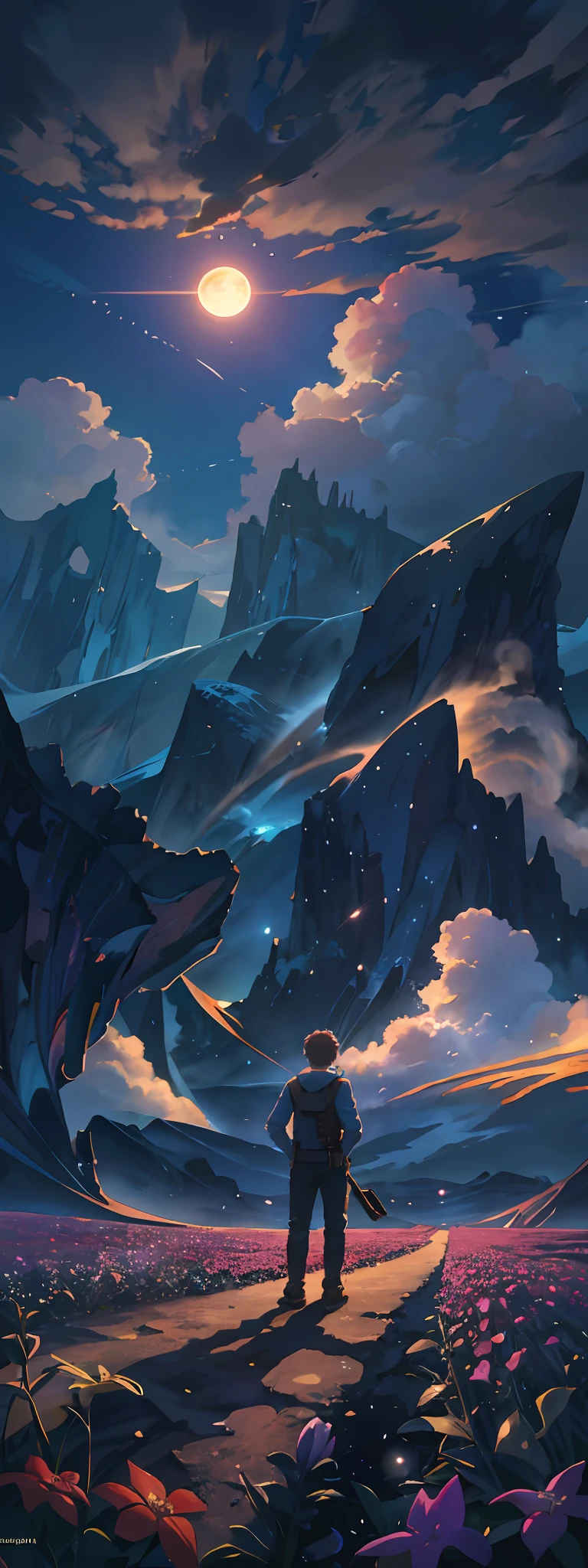 expansive landscape photograph, (a view from below showing the sky above and the open field below), a boy, 1boy, standing in a field of flowers looking up, (full moon: 1.2), (shooting stars: 0.9), (nebula: 1.3), distant mountain, tree BREAK production art, (hot light source: 1.2), (Firefly: 1.2), lamp, very purple and orange,  complex details, volumetric lighting, realism BREAK (masterpiece: 1.2), (best quality), 4k, ultra-detailed, (dynamic composition: 1.4), highly detailed, colorful details, (iridescent colors: 1.2), (bright lighting, atmospheric lighting), dreamy, magical, (solo: 1.2)