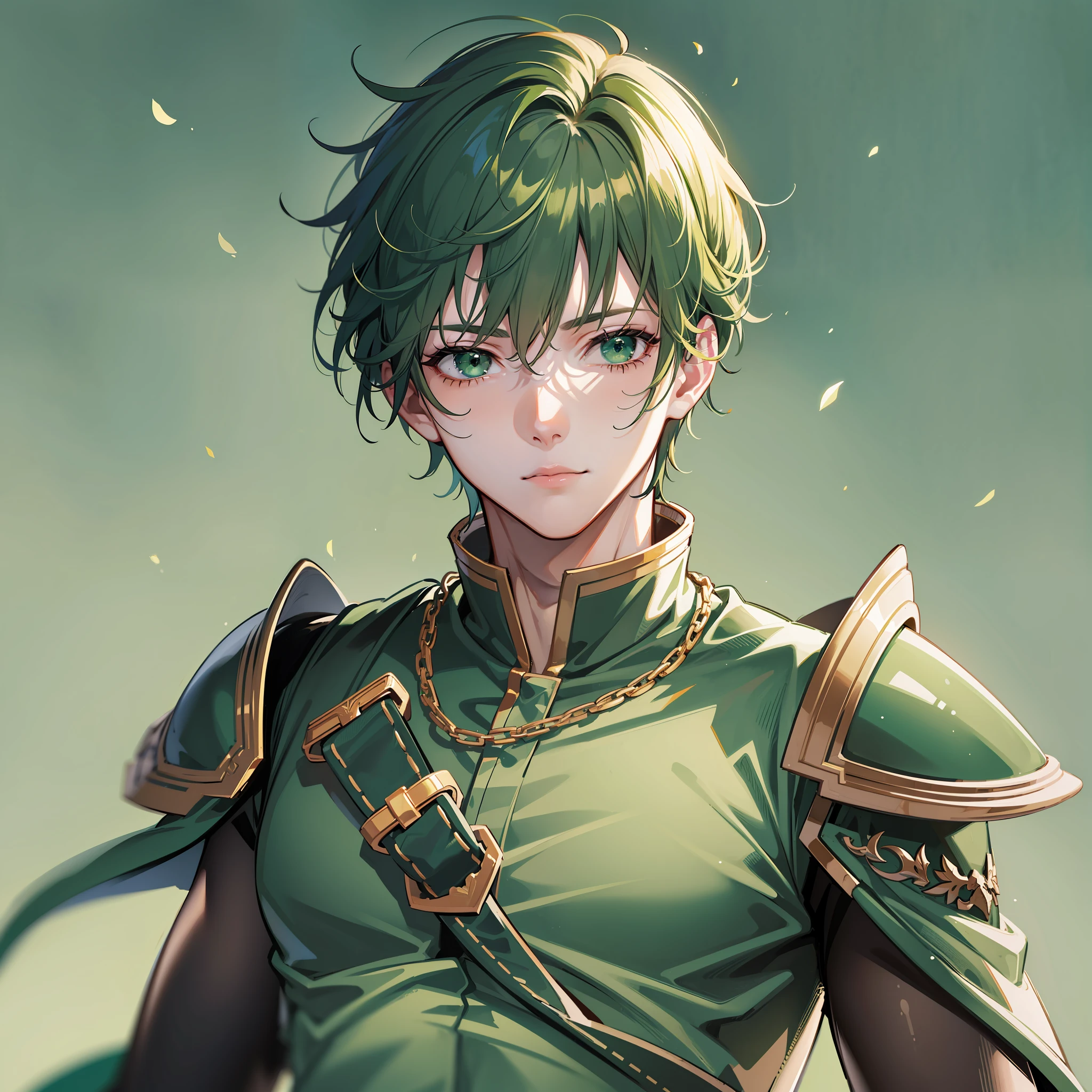 ((best quality)), high resolution, detailed edges, dynamic pose, (1boy), green eyes and green hair,(bangs),closed mouth, minimalistic background, focus on character features, ((male)), (full face shot)