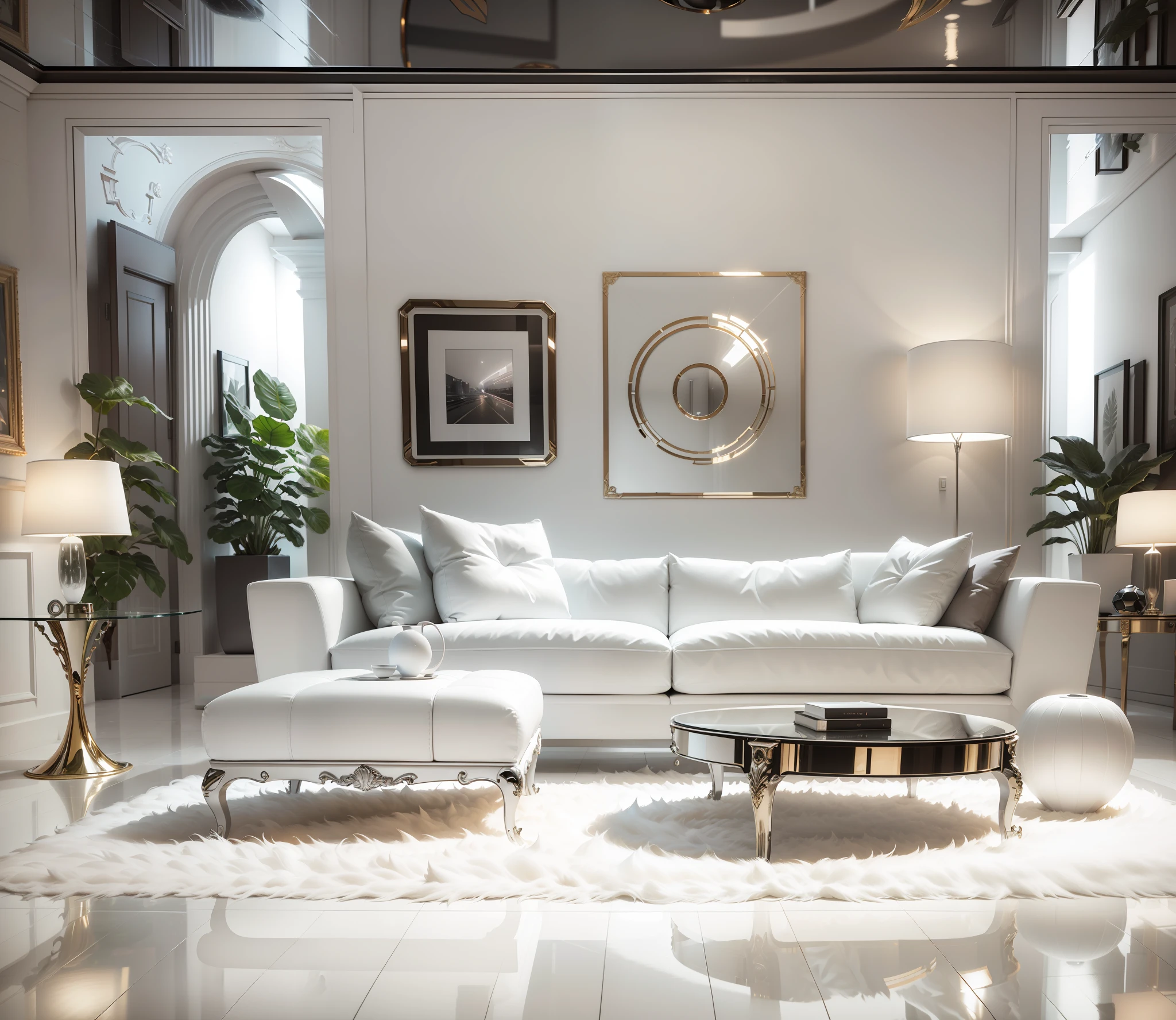 a beautiful futuristic room, front view well centered and framed, 3D,((( white sofa)))), futuristic furniture, white sofa, decoration photography style, minimalist, hyper realistic, hyper detailed, high definition, hd, 3D, best quality, best rendering, centered, well framed