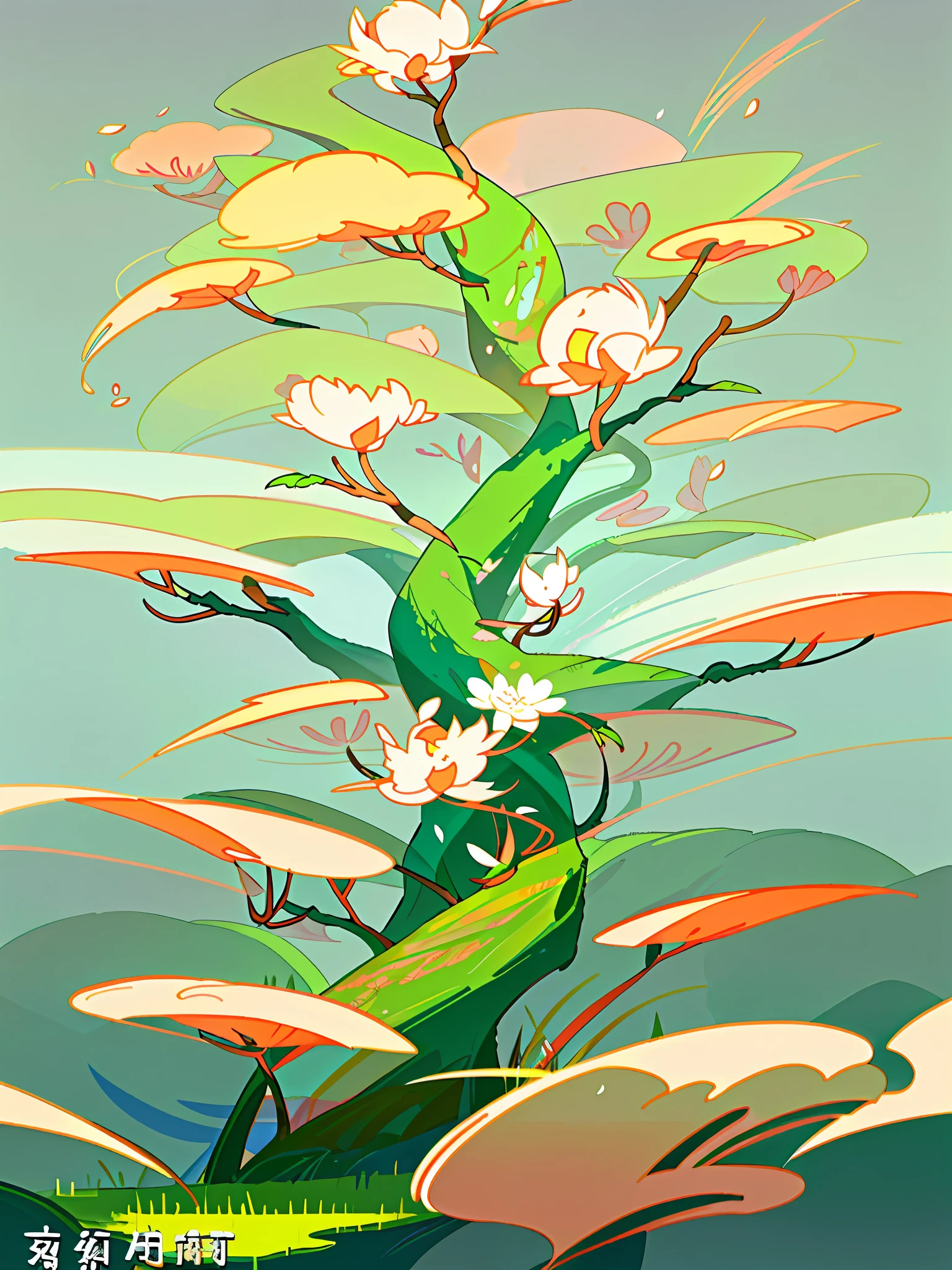 (Chinese landscape), (Zen, Amy Sol style), (spring, peach blossoms, petals, green grass, green water), cover art with light abstraction, abstract, simple vector art, contemporary Chinese art, color gradients, soft color palettes, layered forms, whimsical animation, style Ethereal abstract, 4K, --v6