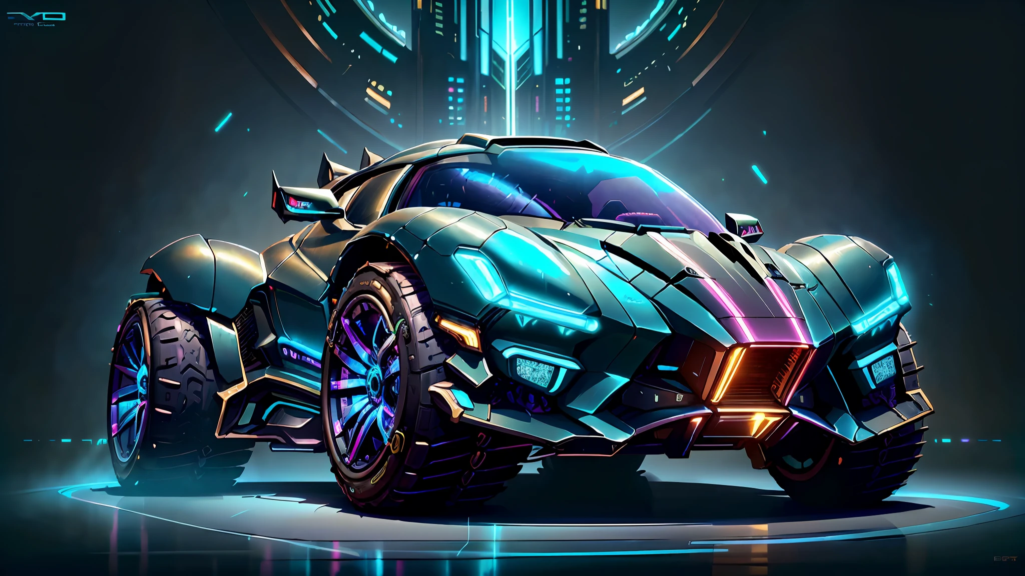 (CyberPunkAI:1.2), (BugattiAI:0.4), (sleek symmetrical futuristic sports car:1.2) with a futuristic weapon mount, (iridescent blue:1.4) paint, (city background, at night:1.4), highly detailed rims, (glowing rims:1.2), (intricate details, golden ratio, masterpiece:1.2), (8k, photorealistic, insane quality, best quality:1.6), extremely detailed, highest detail, highly detailed, incredibly detailed