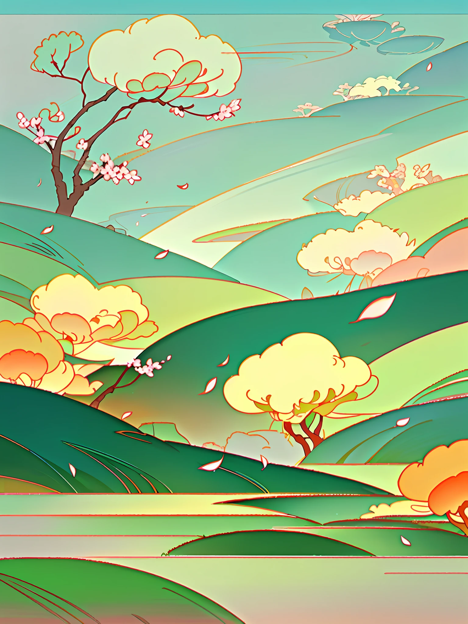 (Chinese landscape), (Zen, Amy Sol style), (spring, peach blossoms, petals, green grass, green water), cover art with light abstraction, abstract, simple vector art, contemporary Chinese art, color gradients, soft color palettes, layered forms, whimsical animation, style Ethereal abstract, 4K, --v6