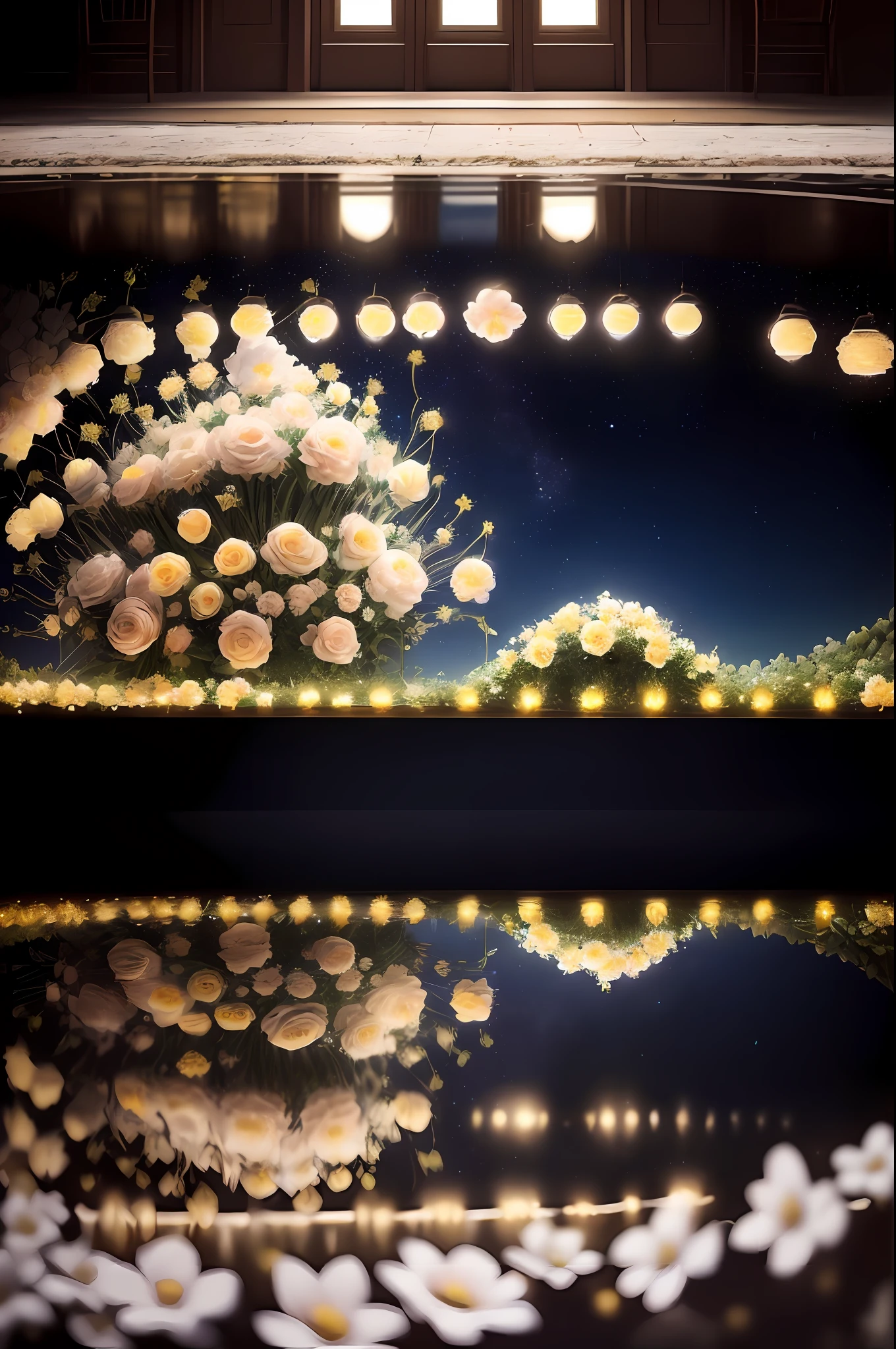(Brilliant wedding lighting: 1.2), (Realism: 1.3), (Beautiful flowers: 1.2), (Gorgeous stage: 1.2), (Starry night scene: 1.1), (Detailed literary background wall: 1.2), (Giant full moon: 1.1), (Lake reflection: 1.1), (Realistic detail: 1.2)