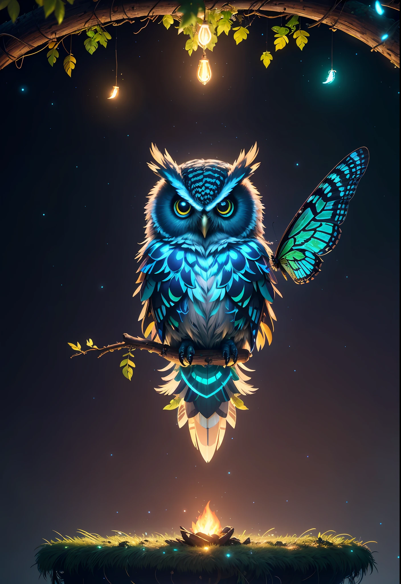 Masterpiece, best quality, extremely beautiful reflection, best reflection. (Very detailed CG unity 8k wallpaper), (best quality), (best illustration), (best shadow), a photo of a cybernetic owl, perched on barbed wire in a dark alley. His eyes are neon blue, reflecting the lights of the surrounding city. The feathers are fragmented and iridescent, and there is a wonderful code running through them. The shots used create a deformation effect, giving the impression that an owl is observing the viewer from all angles, with a forest theme with natural elements. Tall trees, quiet stream, glowing small mushrooms surrounded by delicate leaves and branches, and fireflies and glowing particle effects, (natural elements), (jungle theme), (leaves), (branches), (fireflies), butterflies, (delicate leaves), (glow), (particle effects), isometric 3D, Octane rendering, ray tracing, super detailed
