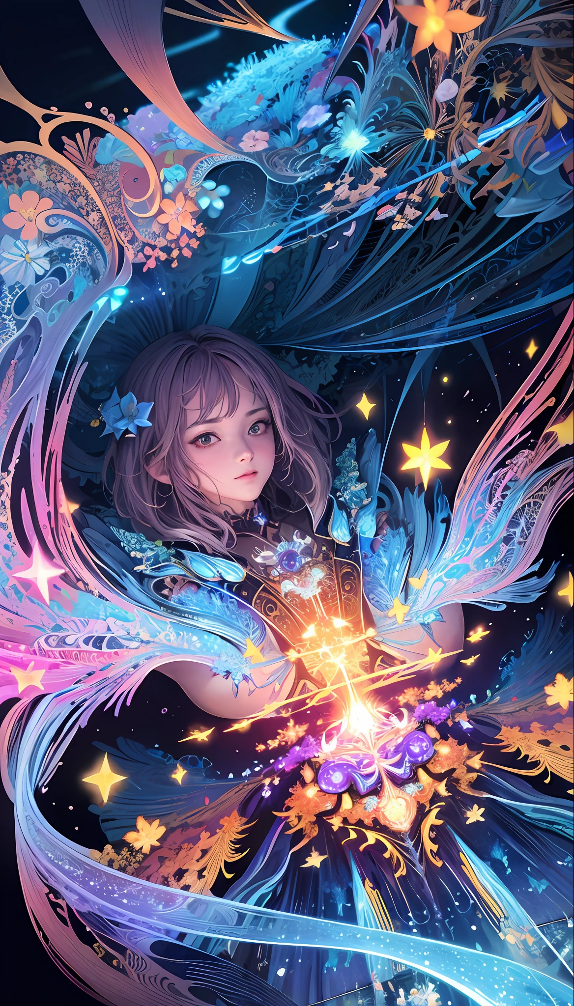 (masterpiece, top quality, best quality, official art, beautiful and aesthetic:1.2), (fractal art:1.5), highest detailed, super detailed, soul card, line, (light streaks), (dynamic streaks, luminous trails:1.2), (flower), (fish), (chandelier), (star), (polygon), (GlowingRunesAI_golden:0.5), (GlowingRunesAI_purple:0.5),