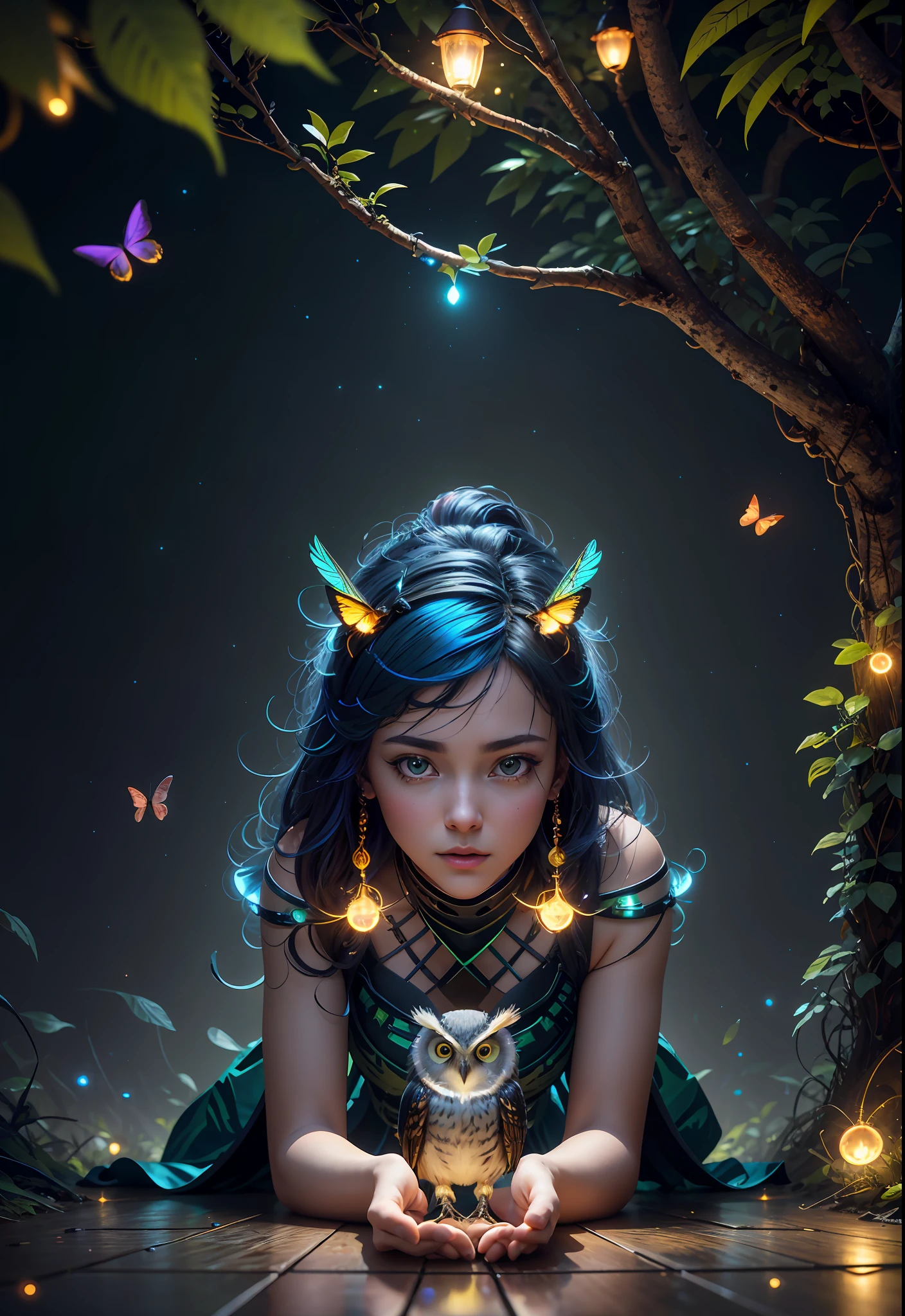 Masterpiece, best quality, extremely beautiful reflection, best reflection. (Very detailed CG unity 8k wallpaper), (best quality), (best illustration), (best shadow), a photo of a cybernetic owl, perched on barbed wire in a dark alley. His eyes are neon blue, reflecting the lights of the surrounding city. The feathers are fragmented and iridescent, and there is a wonderful code running through them. The shots used create a deformation effect, giving the impression that an owl is observing the viewer from all angles, with a forest theme with natural elements. Tall trees, quiet stream, glowing small mushrooms surrounded by delicate leaves and branches, and fireflies and glowing particle effects, (natural elements), (jungle theme), (leaves), (branches), (fireflies), butterflies, (delicate leaves), (glow), (particle effects), isometric 3D, Octane rendering, ray tracing, super detailed