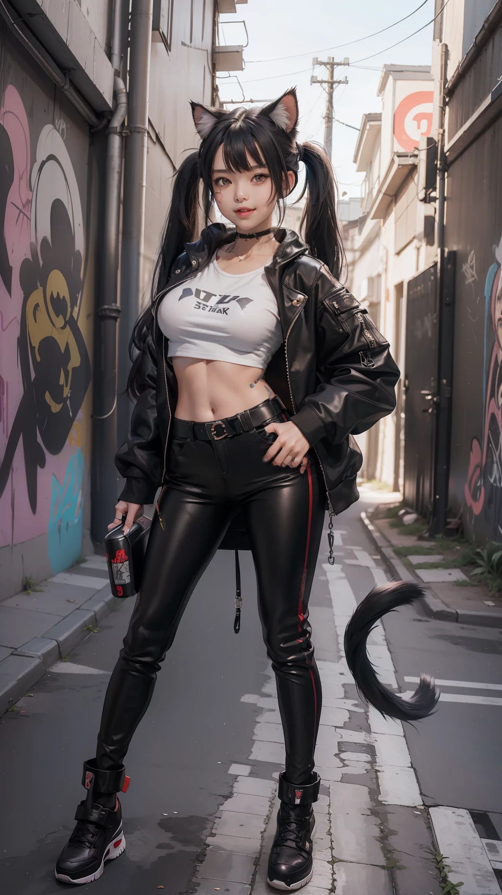 Cute  nekomata catgirl, Petite, Delicate Beautiful Attractive Face, open mouth, Smiling, (big heavy breasts), Layered Long Twintail hair, cat ears, Oversized cyberpunk Tech jacket, Mini Underboob Tee, Open Navel, Slim Waist, leather Pants, In The Graffiti Alley, Holding Spray Paint Can, (dynamic pose) original Character, Volumetric Lighting, Best Shadows, Shallow Depth of Field, (Highest Quality, Amazing Details:1.25), (Solo:1.3), Brilliant Colorful graffiti