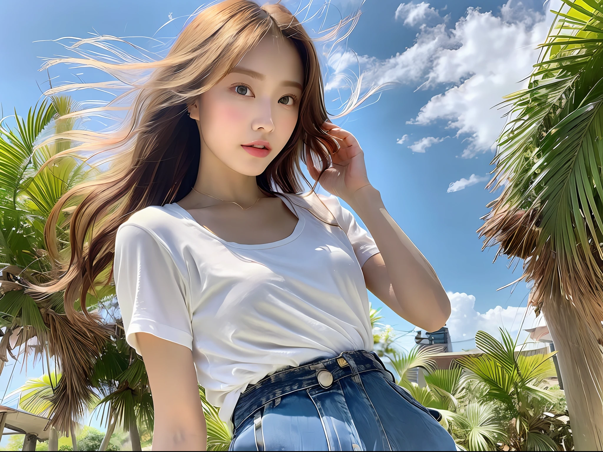 (8k, highest quality, masterpiece: 1.2), (hair_style), (realistic, photorealistic: 1.37), plump eyes, highest quality, masterpiece, in the summer sun, sky and sea background, shot on wooden deck, [small breasts], backlit, shooting from the waist up, camera angle from below, pose with hair raked up with hands, shot in natural light from morning to noon, Hairstyles and fashion styles that match the Japan trends of 2023, realistic, super detailed, 30s, actress, half Japanese and Russian half model, elaborate CG, slender, adorable, hairstyle matches the fashion of Japan in 2023 layer cut that flutters in the wind, delicate skin type, fine details and softness, model hair color is bright and soft, Choose a short-length T-shirt that matches the summer trends of 2023 and pair it with pale pastel colors for surf fashion.