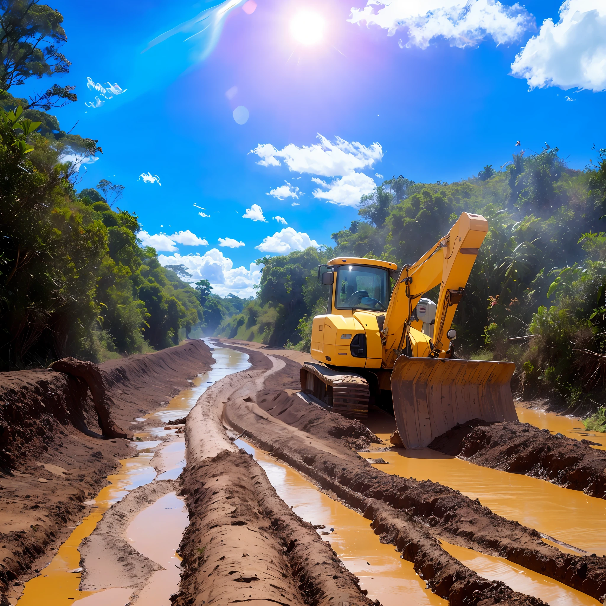 a machine fixing the road in the middle of the amazon in the rainy season, full of mud