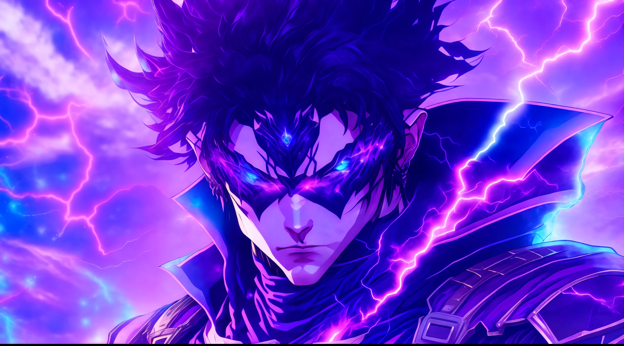 a close-up of a person with a purple and blue background full of lightning, glowing black aura, evil aura, 8k anime, an epic anime of a being with lightning powers, epic anime style, menacing aura, aura of darkness, evolving into his final form, glowing power aura, cosmic power glowing and flourishing, many lightning bolts surrounding the character