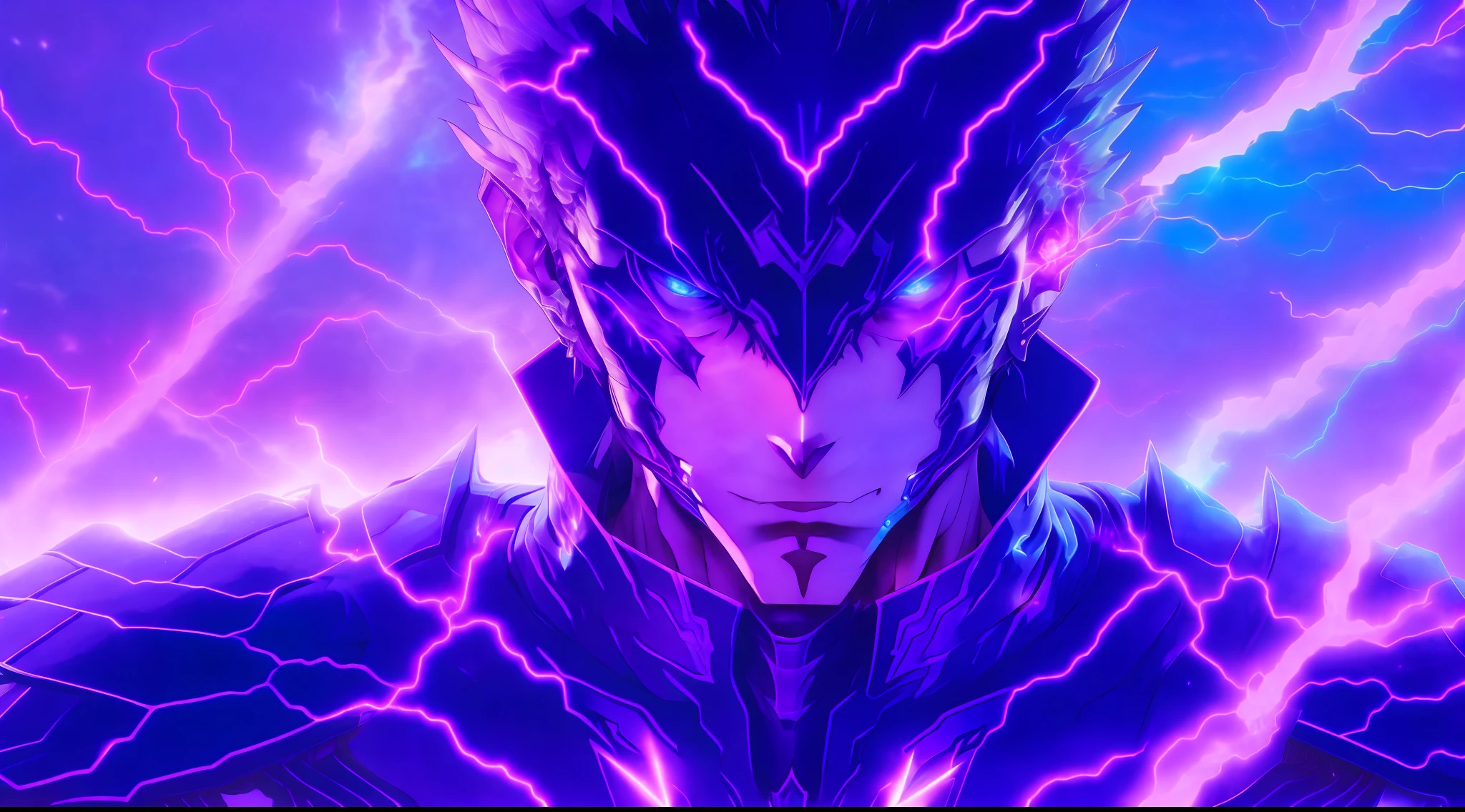 a close-up of a person with a purple and blue background full of lightning, glowing black aura, evil aura, 8k anime, an epic anime of a being with lightning powers, epic anime style, menacing aura, aura of darkness, evolving into his final form, glowing power aura, cosmic power glowing and flourishing, many lightning bolts surrounding the character
