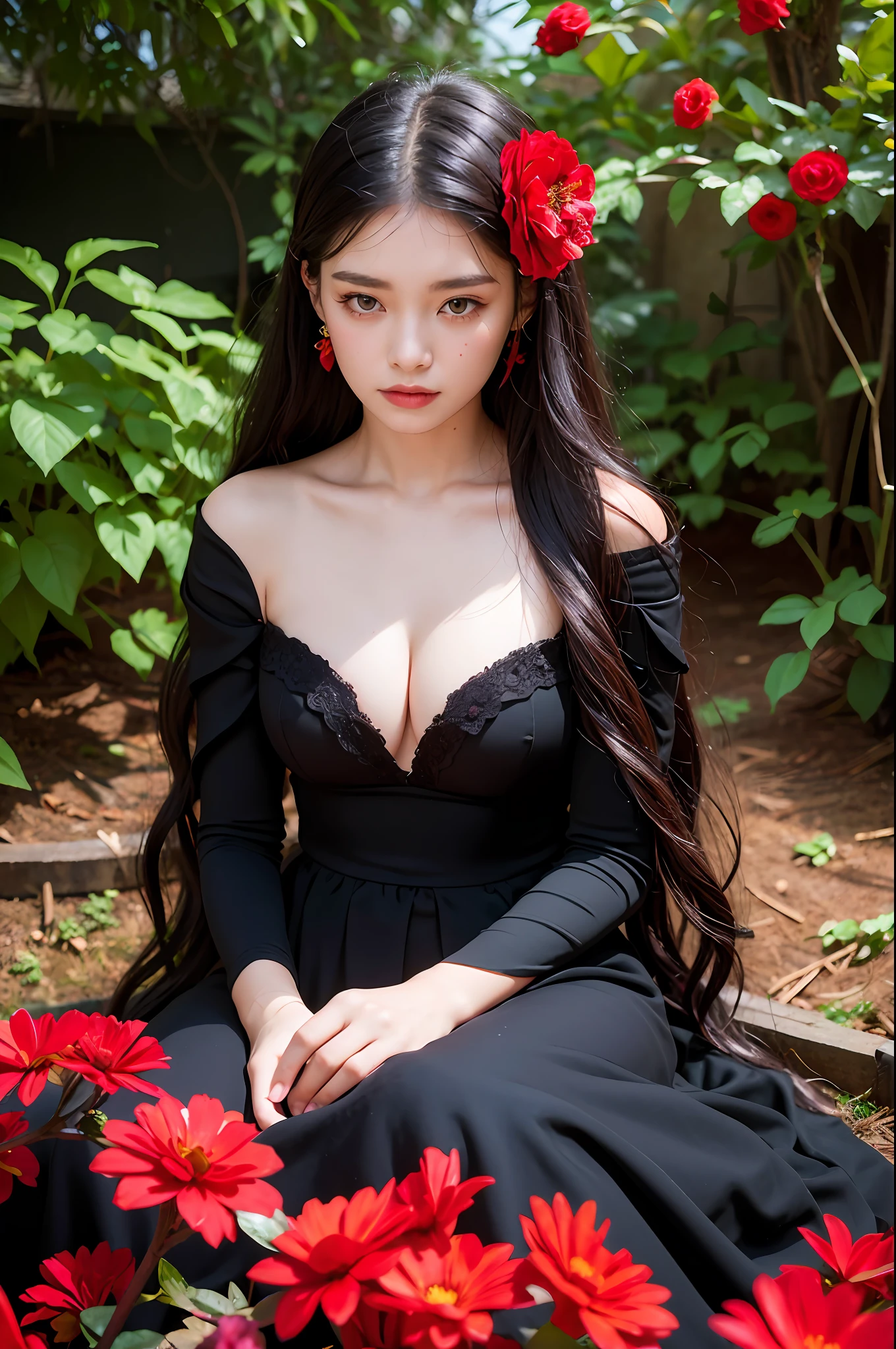 dark theme, (top quality, masterpiece: 1.2), 18 year old girl in the garden, black cleavage dress, (red flower mess in background: 1.3), medusa, long hair, hair snake, greek mythology, snake hair