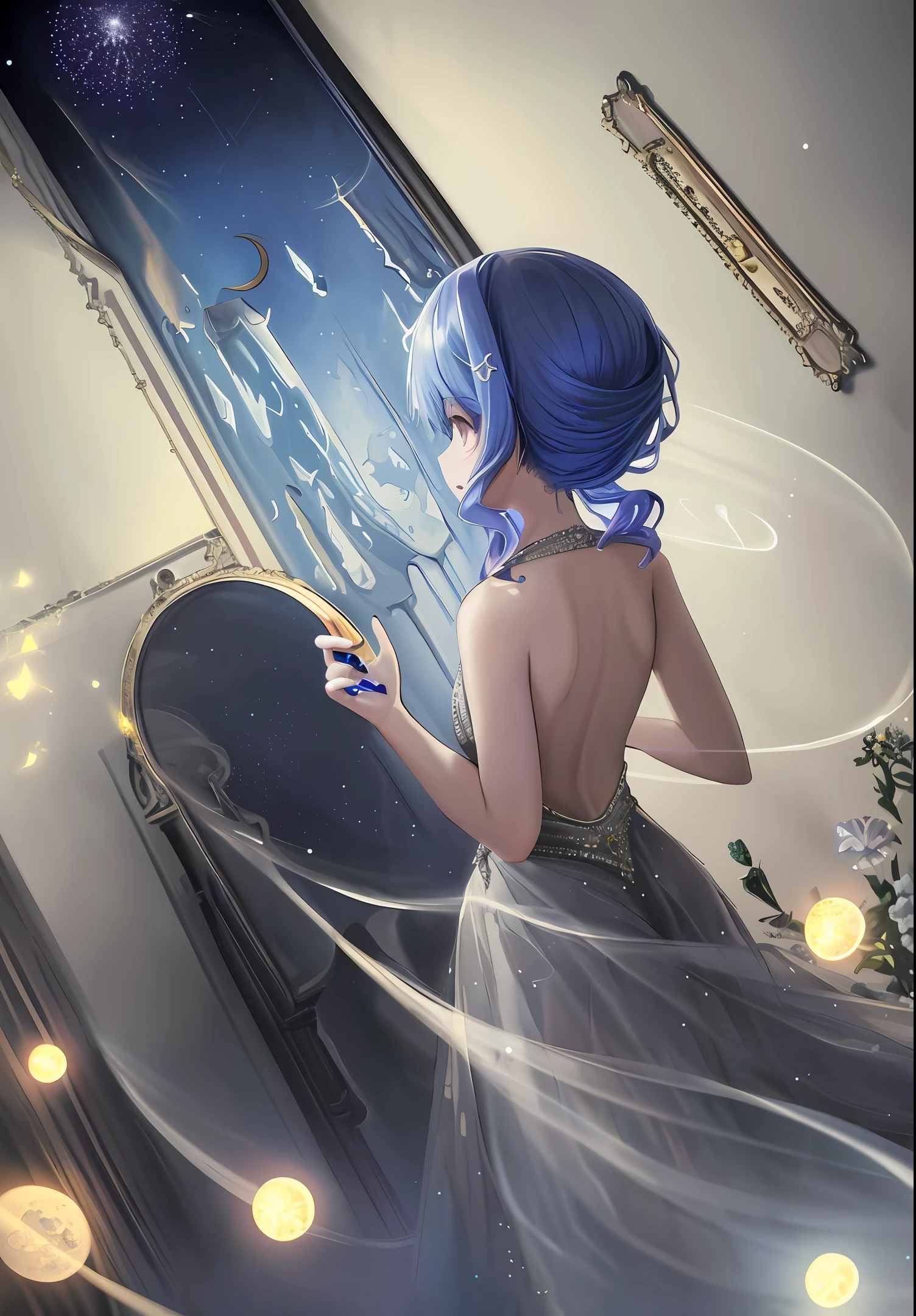 realistic flowers, walls, ultra-fine flowers, walls like pictures, stars falling, shooting stars, fireflies, small balls of light, orbs, fantastic, particles of light, blue moon, crescent moon, betelgeuse, glass balls, blue light, back view, loneliness, (((comet)), bubbles, blue glowing hair, one person