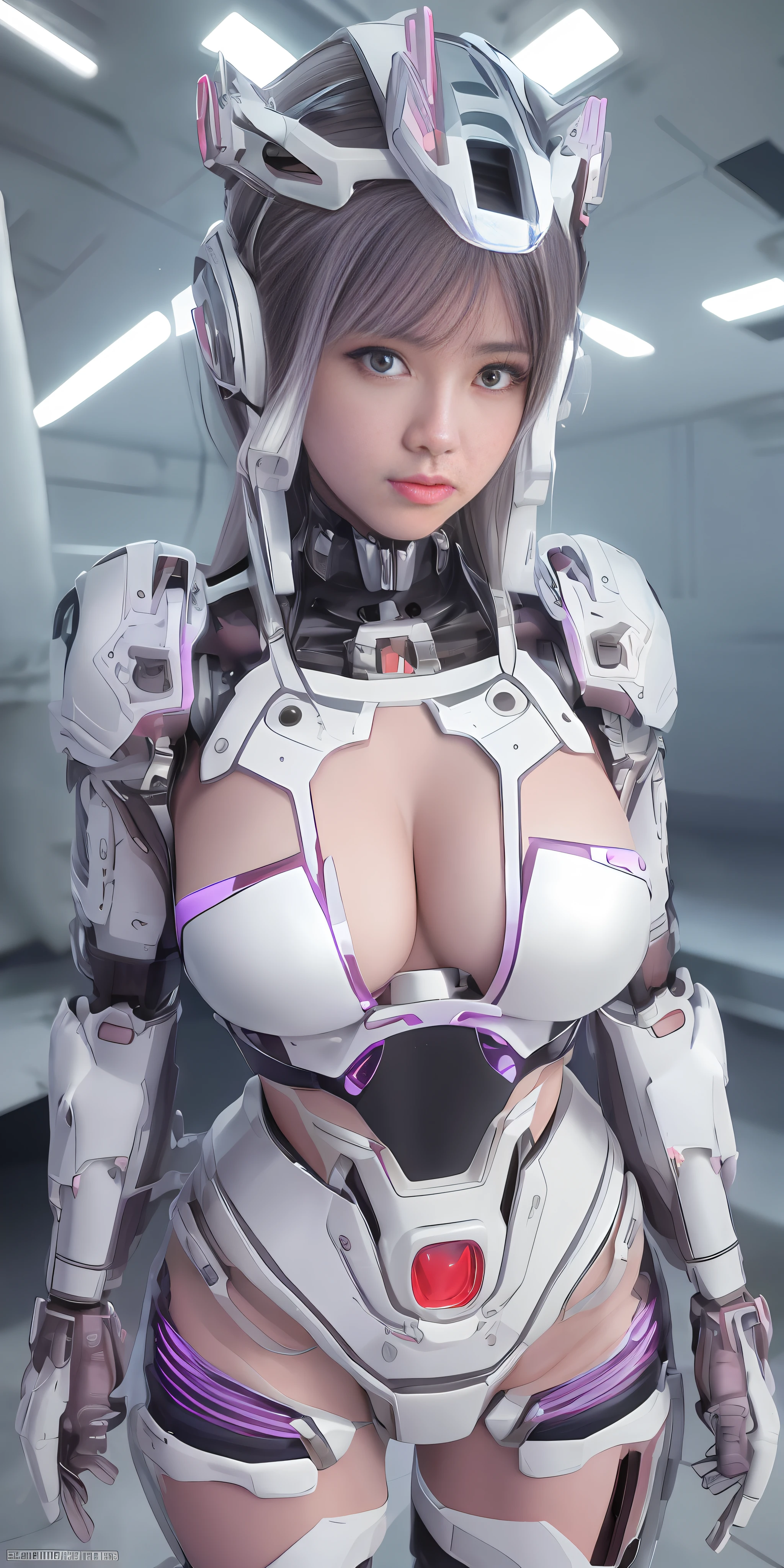 Gundam Girl, Mecha Body, Cyberpunk, Mechanical Body, Metal Body, Face, Chest and Thighs Are Raw Skin, Cleavage Is Visible, Purple Eyes, Luminous Eyes, Metallic, Detailed Neon, Small LEDs, Delicate Parts, Cables, Cylinders, (Masterpiece: 1.3), (8k, Photorealistic, RAW Photos, Best Quality: 1.4), (1 Japan Cyborg Girls), beautiful face,