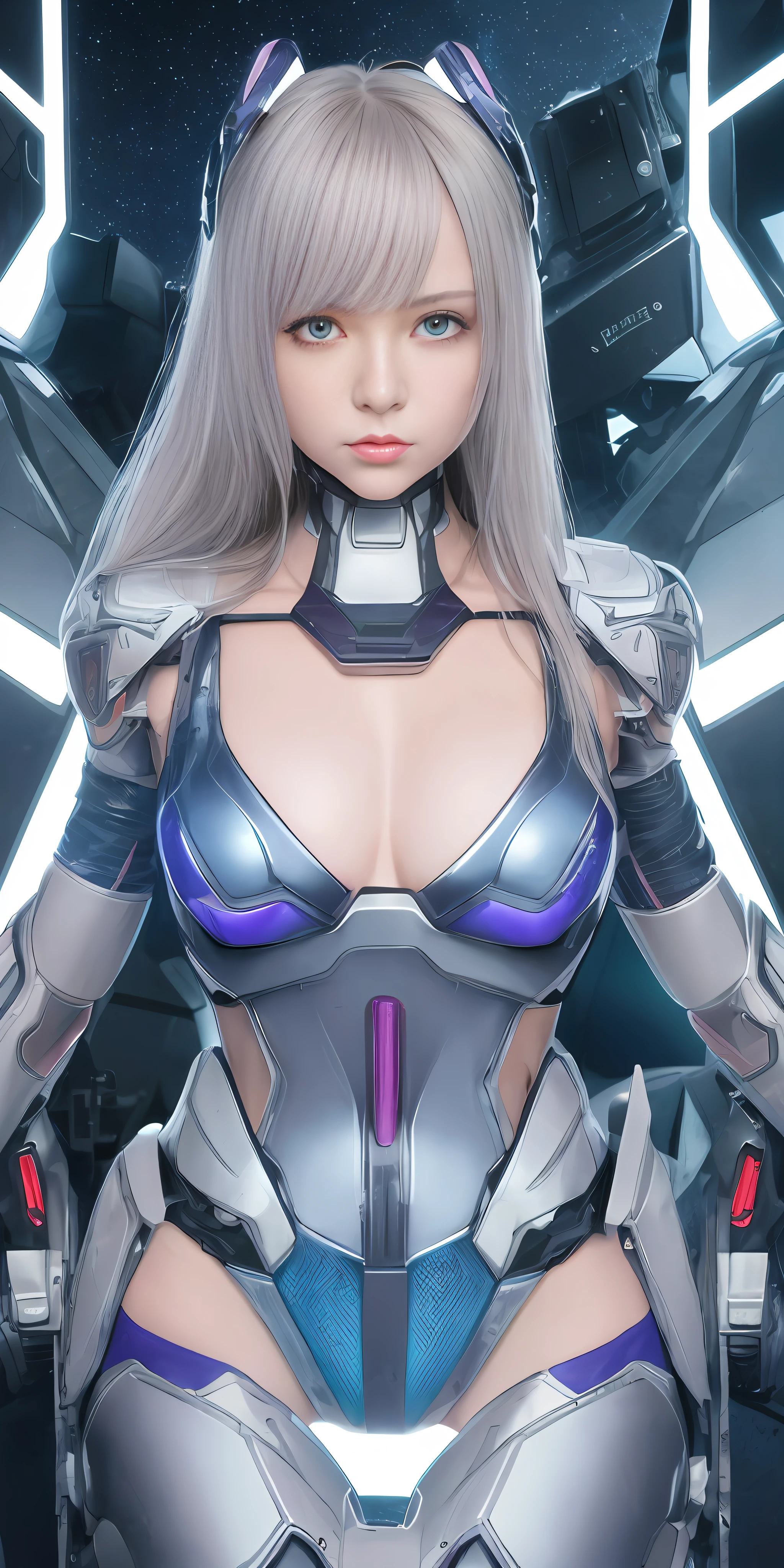 Gundam Girl, Mecha Body, Cyberpunk, Mechanical Body, Metal Body, Face, Chest and Thighs Are Raw Skin, Cleavage Is Visible, Purple Eyes, Luminous Eyes, Metallic, Detailed Neon, Small LEDs, Delicate Parts, Cables, Cylinders, (Masterpiece: 1.3), (8k, Photorealistic, RAW Photos, Best Quality: 1.4), (1 Japan Cyborg Girls), beautiful face,