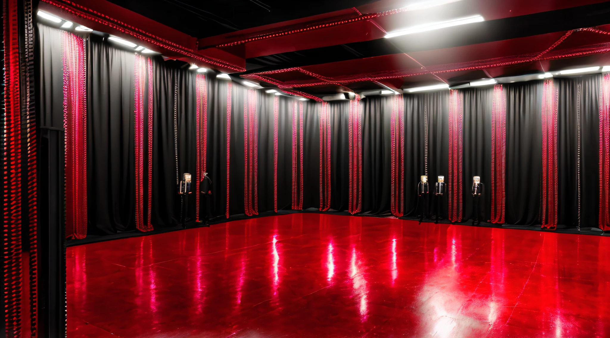 14-YEAR-OLD BOYS, CLOSEUP, WITH LONG BLONDE HAIR, WITH RED LEATHER JACKETS AND BLACK CLOTHING, ON A RED BACKGROUND WITH MANY CHAINS, FLOOR WITH CHAINS, CEILING WITH CHAINS.