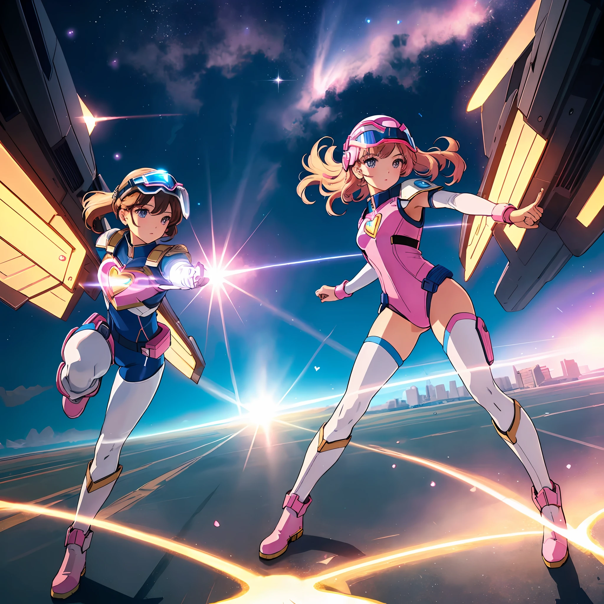 (masterpiece, top quality: 1.2), super detailed, cinematic lighting, (1 girl: 1.3), she is a squadron heroine, squadron hero goranger, pink full-body suit, pink helmet with a large heart-shaped visor, very large heart mark on the chest, white boots, fight phantom, solo, beautiful eyes of detail, unified 8k wallpaper, ultra detailed, beautiful and beautiful, beautiful, slim body, small, masterpiece, best quality, original, masterpiece, best quality, ultra high definition, sunlight, full body portrait, full body, amazing beauty, dynamic pose, dynamic angles, beautiful eyes, she is a squadron heroine, goranger, pink full-body suit, very big heart mark on chest, fight phantoms, heart-shaped rays, flying light, very detailed secret base, detailed complex background, clear focus,