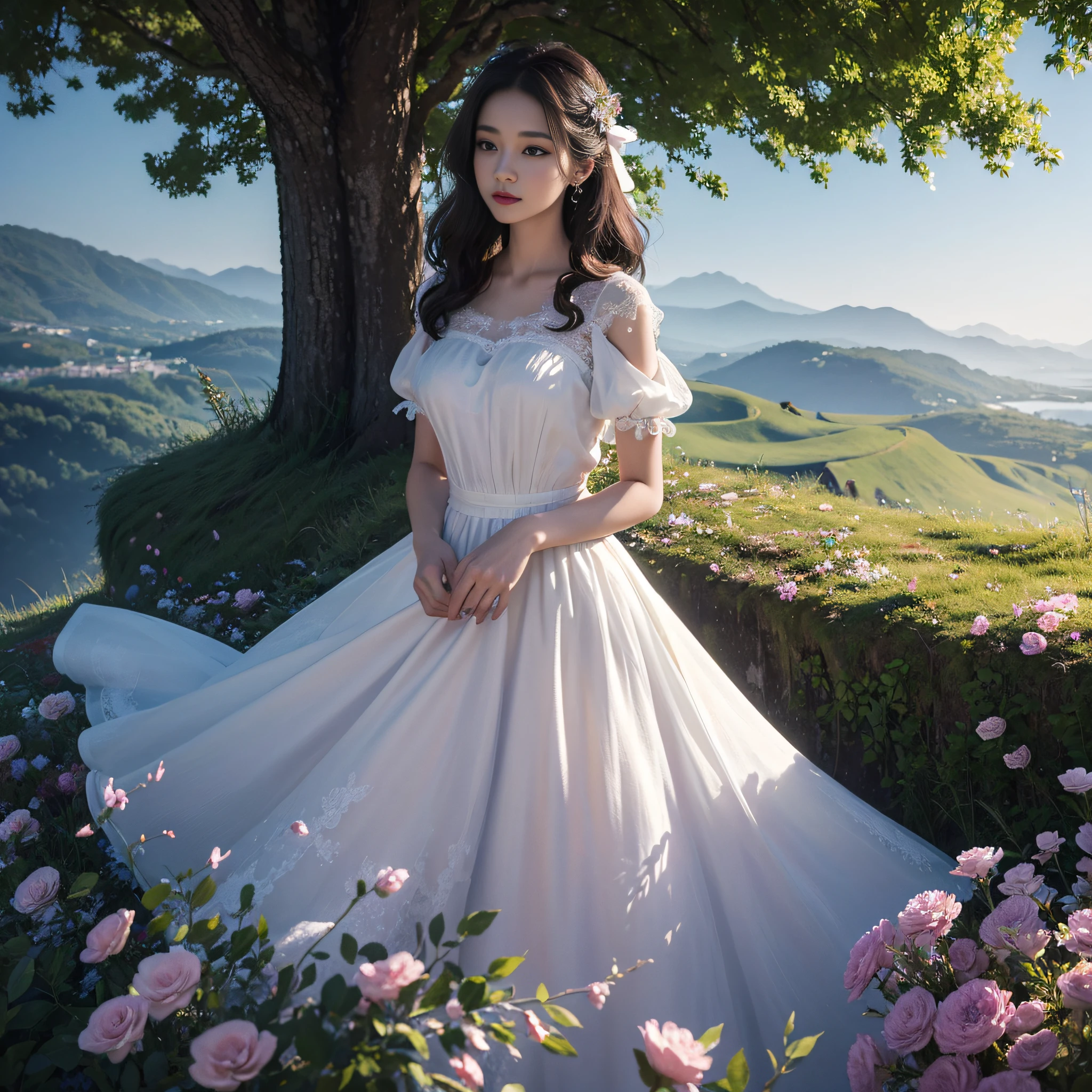 ((masterpiece)), high image quality, beauty dress to be admired, mystical atmosphere, in blooming landscape,(1girl), too beautiful face, sophisticated dress, ribbon, chalk soft light, weaving shadow, dress fabric spreading scene,painting。