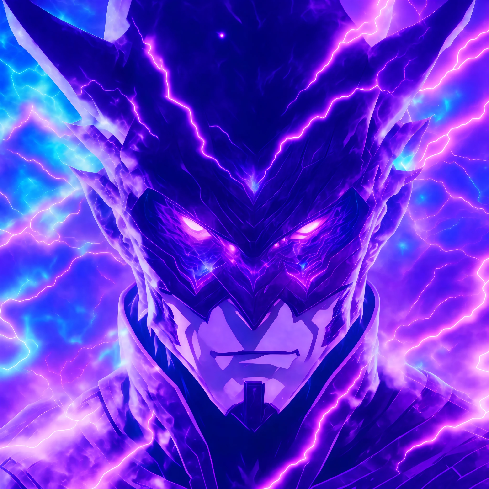 a close-up of a person with a purple and blue background full of lightning, glowing black aura, evil aura, 8k anime, an epic anime of a being with lightning powers, epic anime style, menacing aura, aura of darkness, evolving into his final form, glowing power aura, cosmic power glowing and flourishing, many lightning bolts surrounding the character