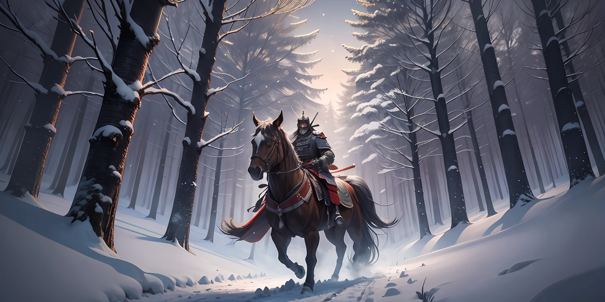 **old samurai, ancient forest,  night, winter, snow, Ultra Realism, High Quality --auto --s2