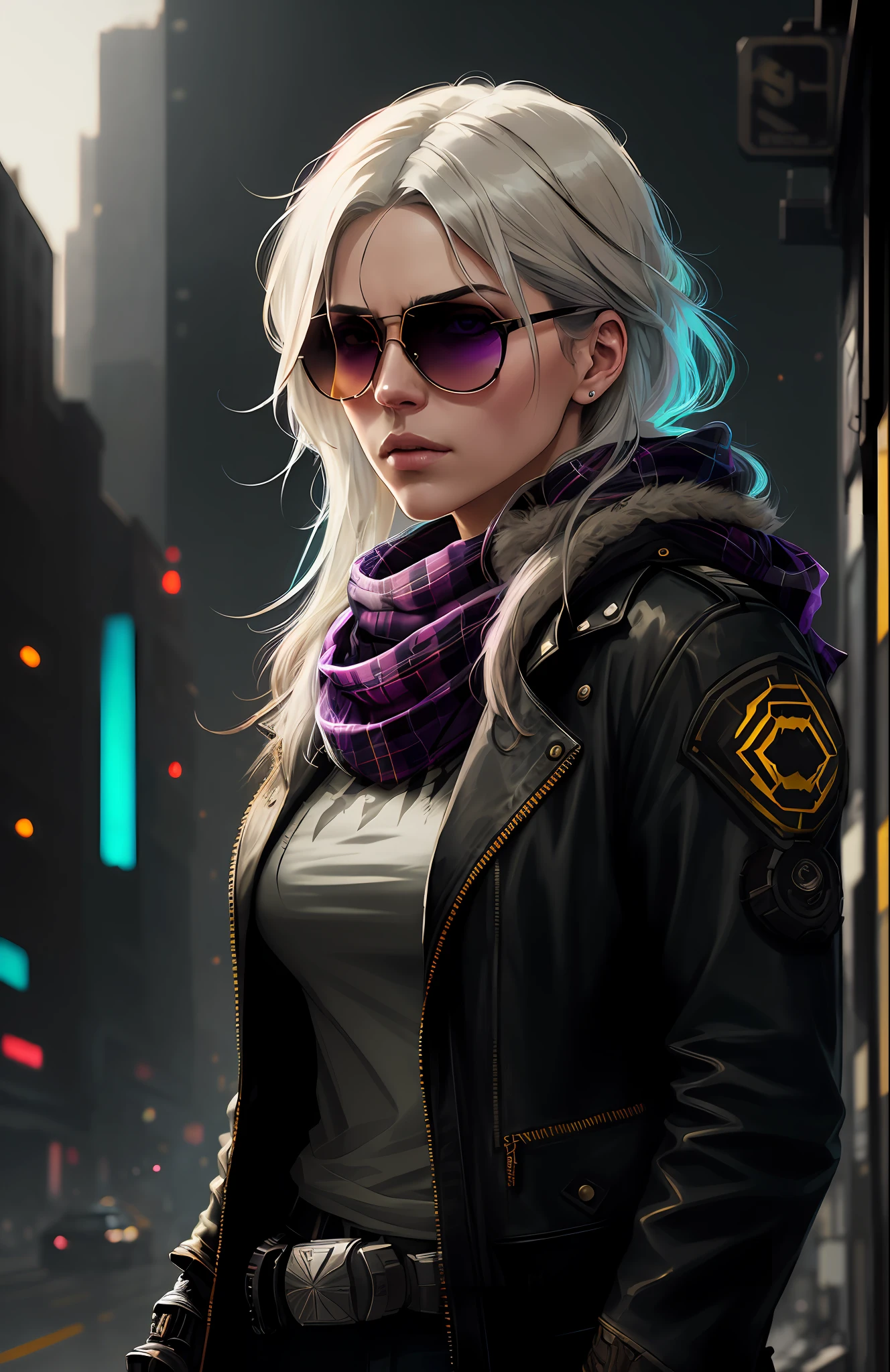 (dark shot:1.1), epic realistic, portrait of halo, sunglasses, blue eyes, tartan scarf, white hair by atey ghailan, by greg rutkowski, by greg tocchini, by james gilleard, by joe fenton, by kaethe butcher, gradient yellow, black, brown and magenta color scheme, grunge aesthetic!!! graffiti tag wall background, art by greg rutkowski and artgerm, soft cinematic light, adobe lightroom, photolab, hdr, intricate, highly detailed, (depth of field:1.4), faded, (neutral colors:1.2), (hdr:1.4), (muted colors:1.2), hyperdetailed, (artstation:1.4), cinematic, warm lights, dramatic light, (intricate details:1.1), complex background, (rutkowski:0.66), (teal and orange:0.4)