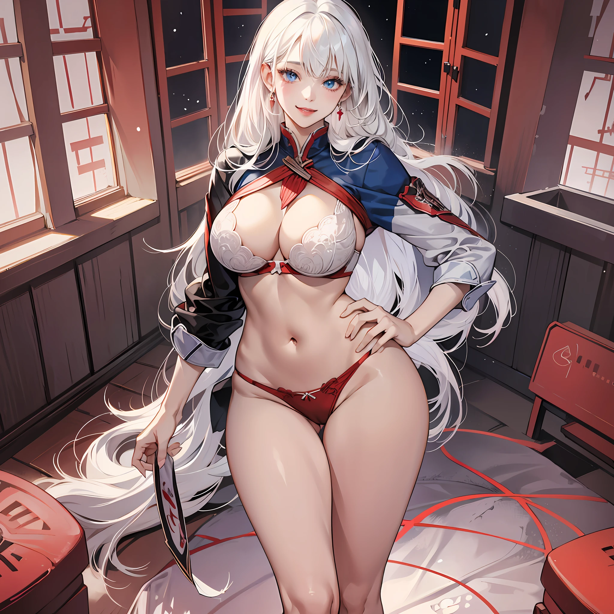 Anime style image of a beautiful woman with white hair,straight, large and with bangs.blue eyes,fair skin,delicate appearance, smiling,reddened lips,smiling,,thin waist,big ass and weag a bra and short red panties. Full auto --s2
