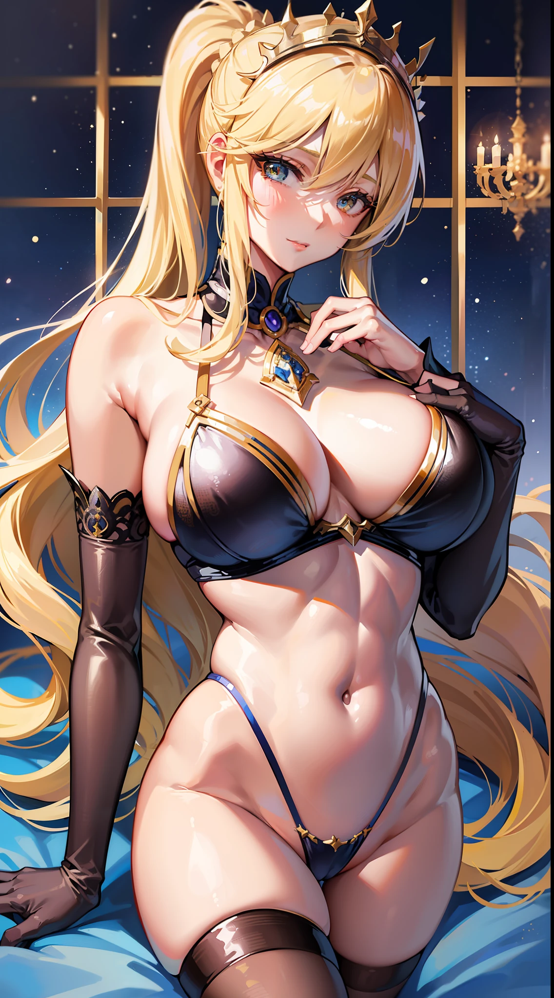 One adult woman, Artoria Pendragon (ruler) (Great Order of Destiny), huge breasts, erect tits, white skin, beautiful navel, very wet beautiful glamorous body, blonde long high ponytail hair, two human hands, five fingers, metallic white and gold line sleeveless bunny suit and metallic blue fish net panty hose, bunny headband, lying on her back on the bed, legs spread, crotch groove, overall figure, very luxury hotel, Very luxurious bedroom, large window, midnight, night view, high resolution, top quality, masterpiece, UHD