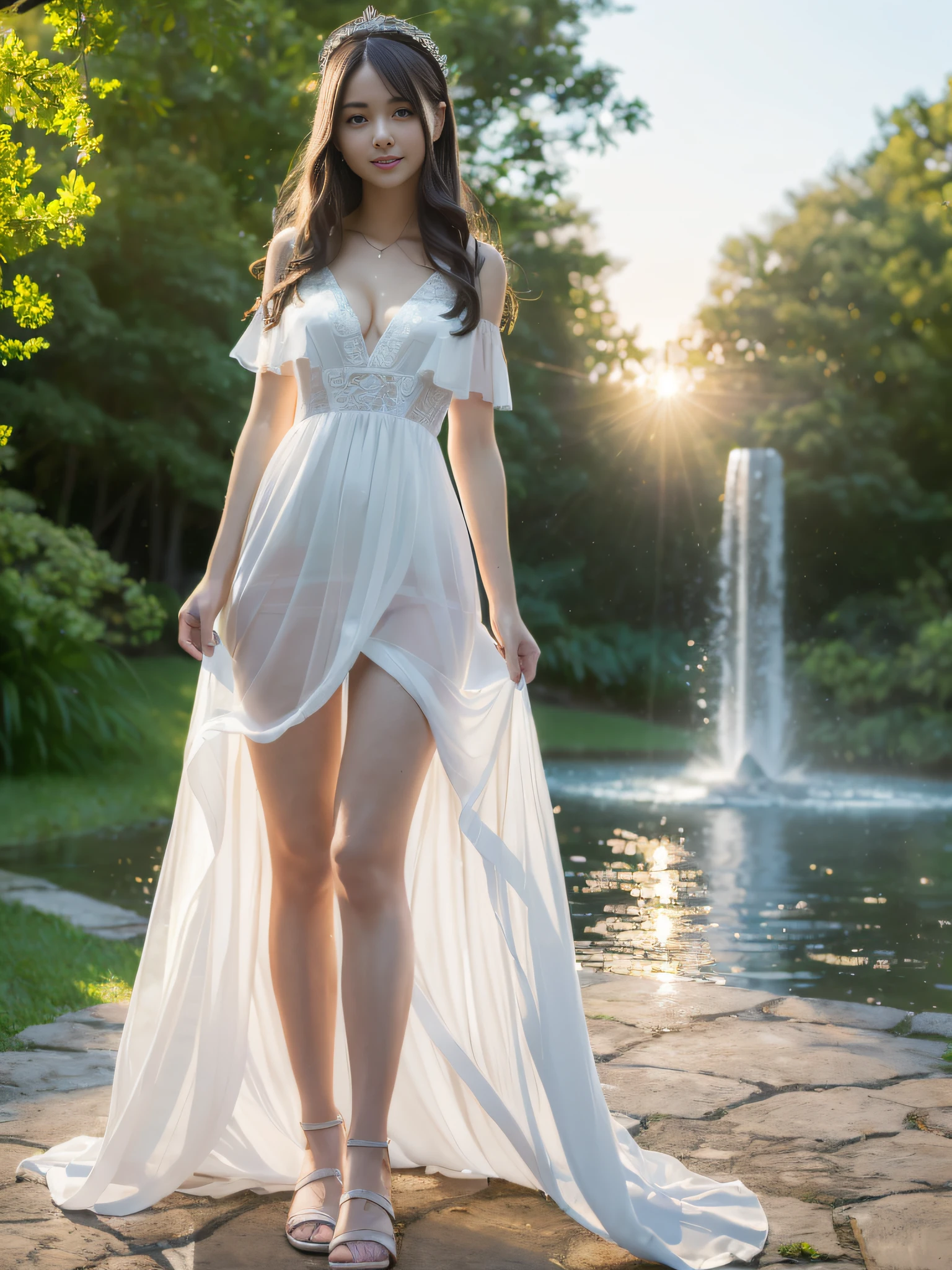 ((Full body photo)), ((Photorealistic)), ((Slim body)),((((Small bust)))),(((Depth of field))),Fantastic, backlit lighting of the setting sun, sheer white summer dress, wearing black panties, tiara, hair ornament, straight hair, one woman, in the forest, with a fountain in the background, flowers blooming in the background, ((smiling))))