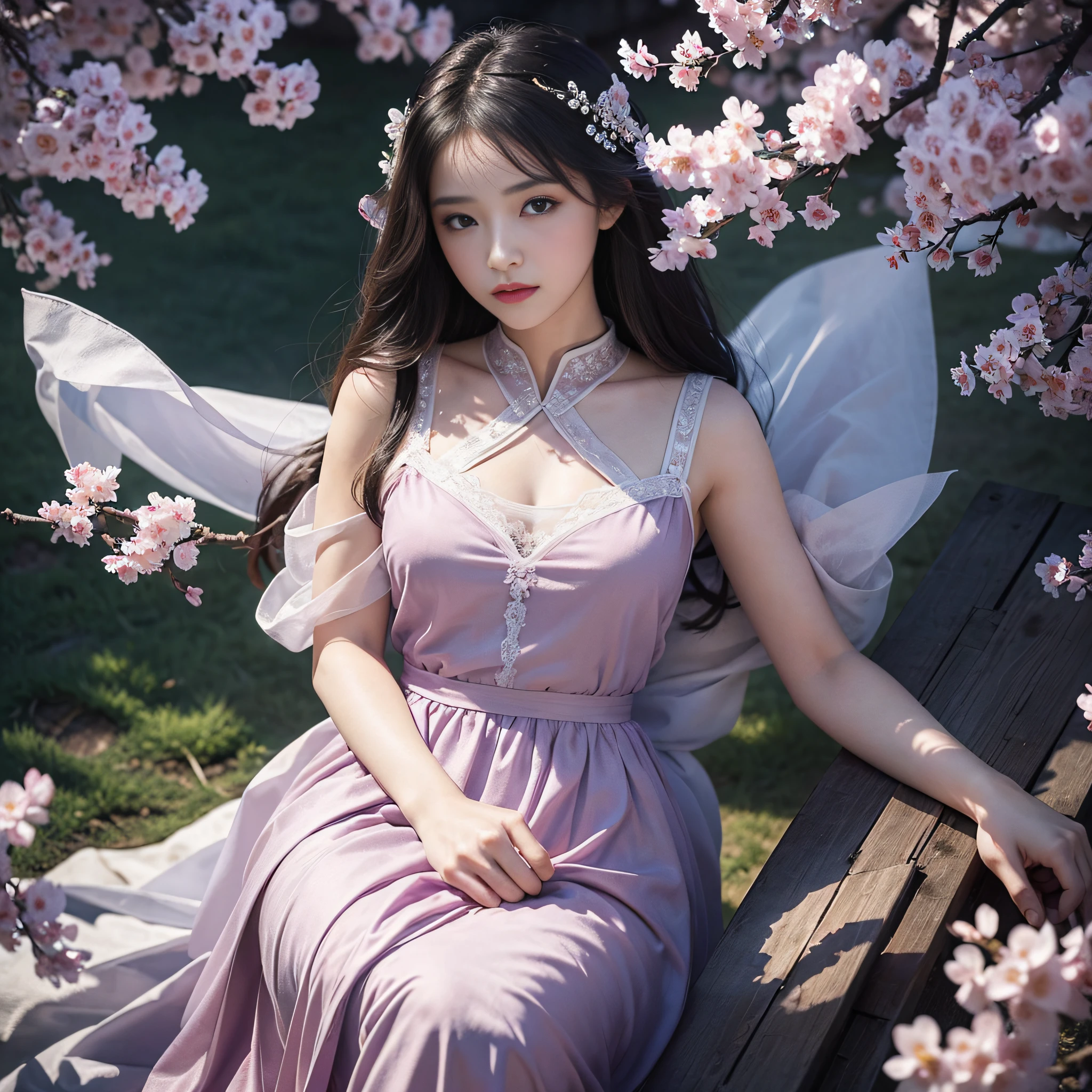((masterpiece)), high image quality, beauty dress to be admired, mystical atmosphere, in plum blossoming landscape,(1girl), too beautiful face, sophisticated dress, ribbon, chalk soft light, woven shadow, dress fabric spreading scene,painting。