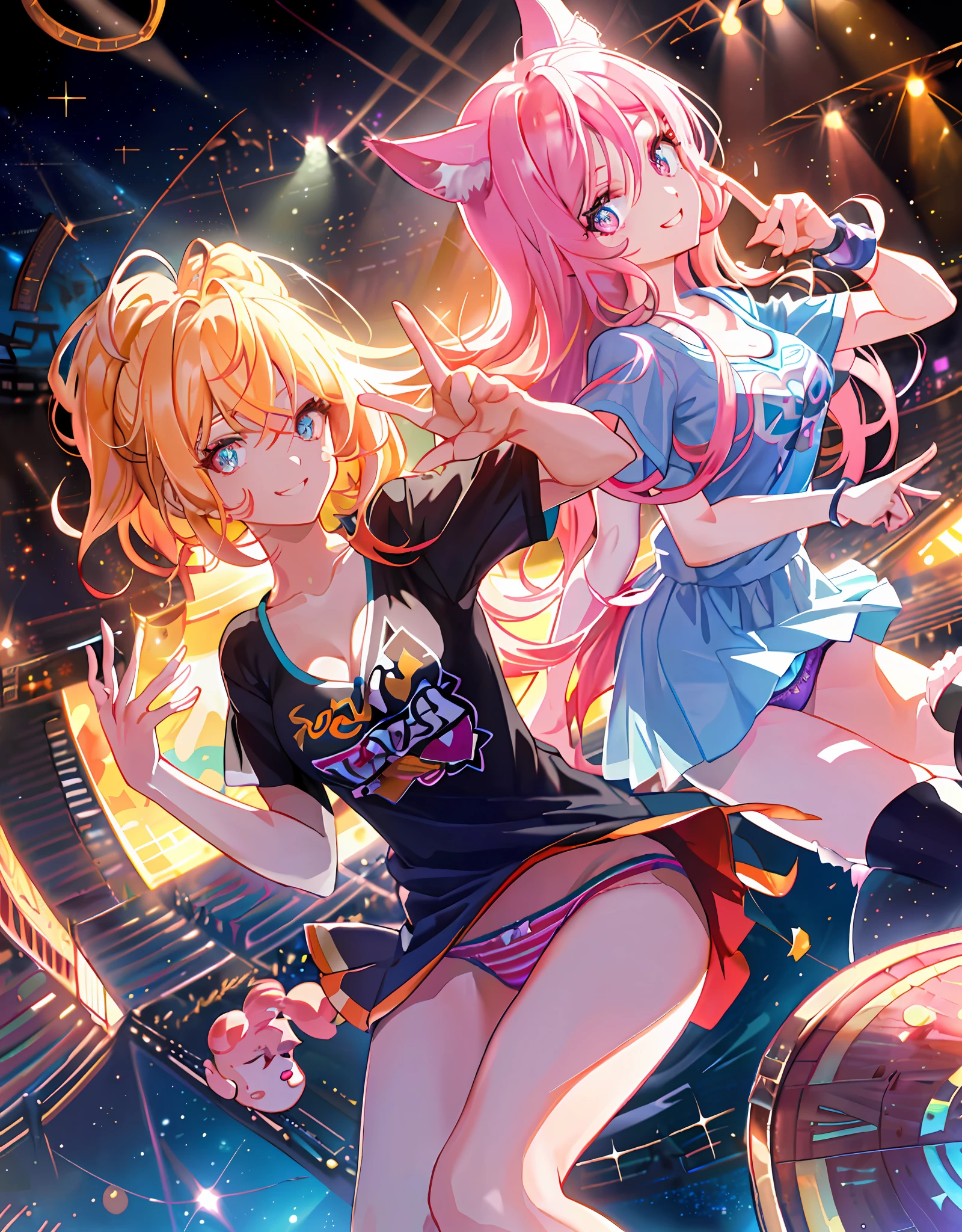 Dynamic Angle, ((((Detailed eyes and detailed face: 1.2)))))), (((Perfect human hand, super detailed human 5 fingers)))), ((Perfect human foot)), Upper body, 1 or 2 girls, Smile, Wolf ears, Wolf tail, Pink eyes, Hair between eyes, (Wink)))), D Cup, cleavage, Striped hair, (Colorful hair color: 1)))))), (( Random hair color: 1))), variegated hairstyle: 1, twin tails, ultra-detailed gradient hair, (((T-shirt with the kagenari logo))), professional designer, fashion leader, ruffled dress, love live, jewelry, backstage, best stage, climax, professional stage, (holding the microphone in your left hand and singing emotionally, overflowing emotions, Best smile))), singers, vocalists: 1, idols, divas, professional stage, professional lighting, live lighting, averting gaze, fan service: 1, ((((satellite photo seen from the audience)))), ((((Panchira, cute panties))))