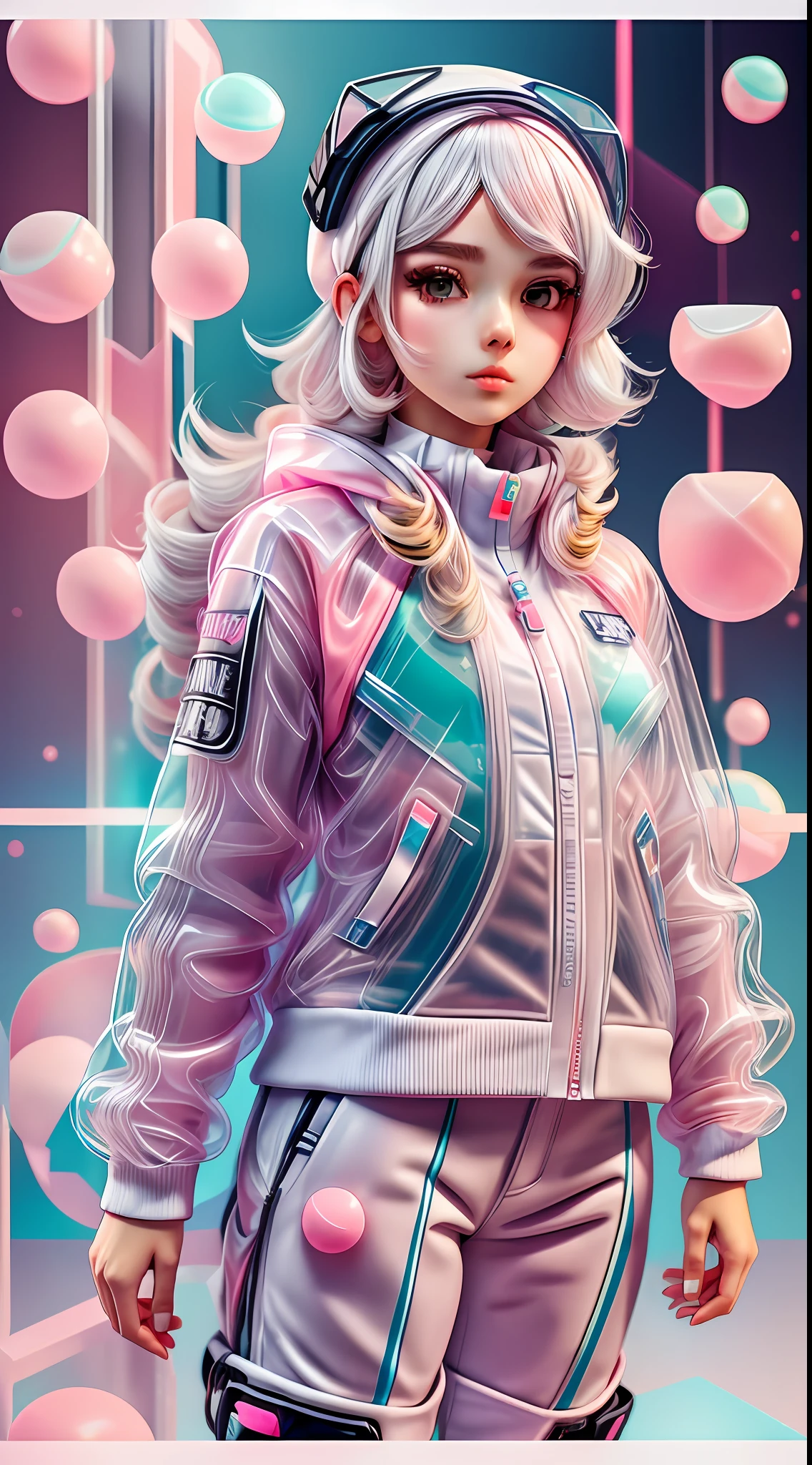 white,totally white,1girl(bubblegum) with techwear clothing(transparent:1.2)geometric:1.3,sexy,papercute background