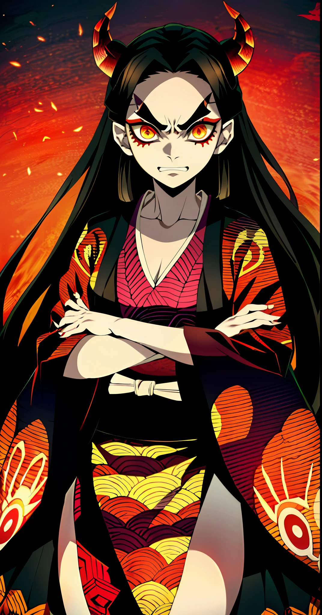 Kimetsu no Yaiba style Upper Rank Kizuki Demon, beautiful pale demon woman with long black hair, horns, glowing orange eyes, detailed Upper Rank Demon eyes, thick eyebrows, face markings, angry expression, black intricately patterned detailed kimono, black and red patterns, crossed arms, legs showing, anime coloring ((masterpiece))