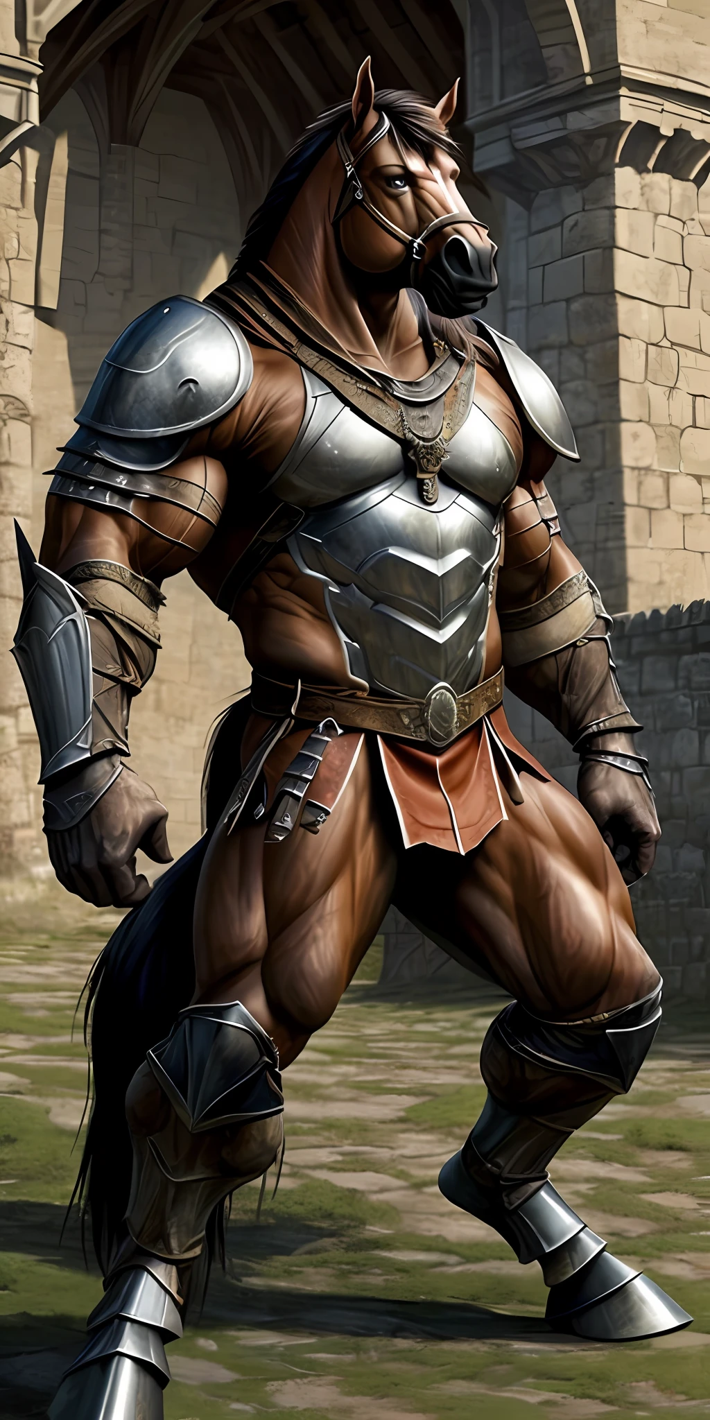 Top Quality, Castle, Gatekeeper (Highly Detailed Beautiful Face and Eyes) absurdres, Perfect Anatomy ((Beastman, Solo Focus)) (Anthro: 1.7) ((Horse Facial Features, Horse Body Features)) (Dense and Detailed Muscles)) Full Body (Fighting Pose) Armor, Spear, Medieval Warrior,