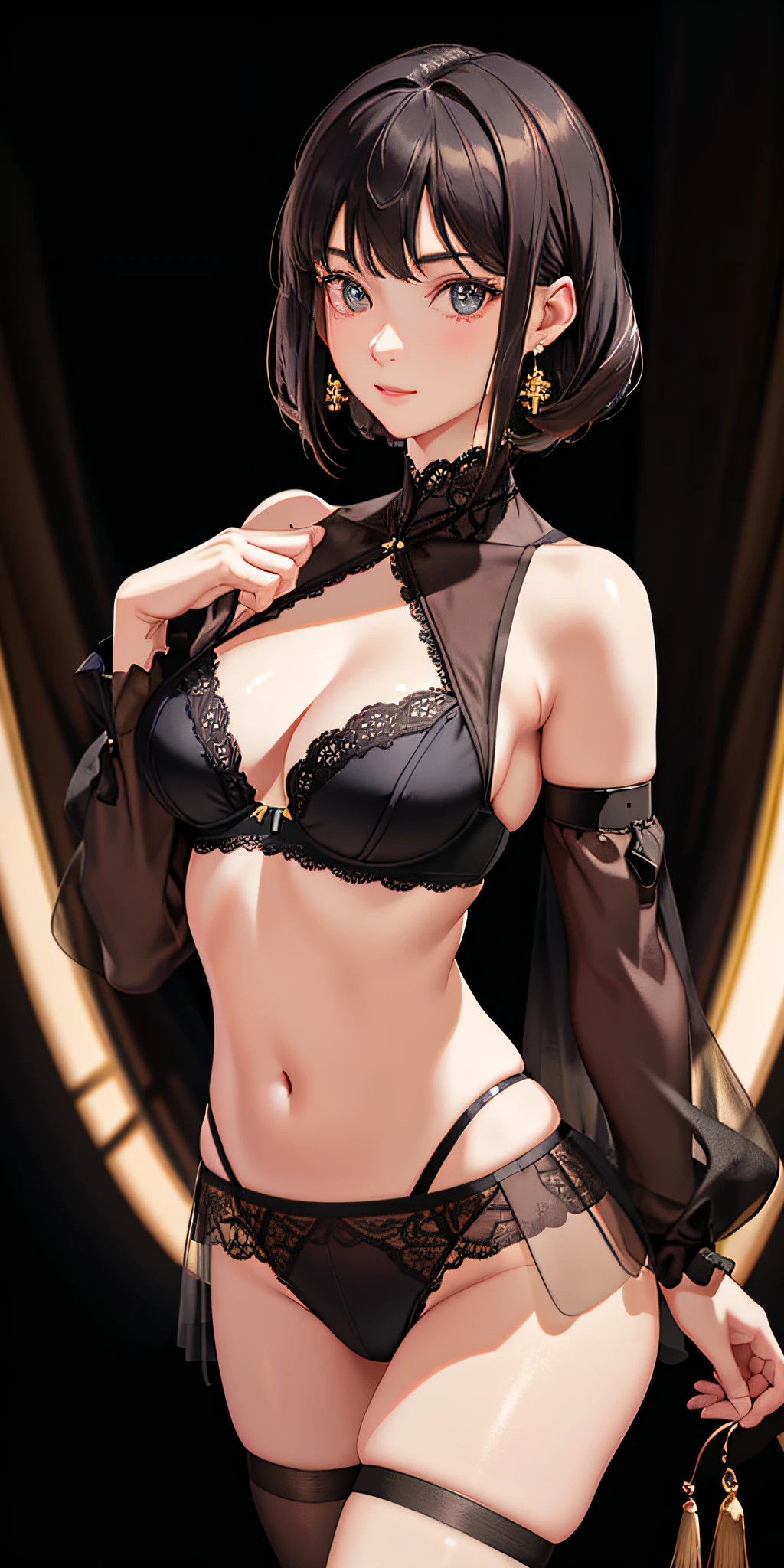 (photorealistic:1.4), (masterpiece, sidelighting, finely detailed beautiful eyes: 1.2), masterpiece*portrait, realistic, 3d face, glowing eyes, shiny hair, lustrous skin, solo, embarassed, (midriff), naked, blonde hair,(photorealistic:1.4), (masterpiece, sidelighting, finely detailed beautiful eyes: 1.2), masterpiece*portrait, realistic, 3d face, glowing eyes, shiny hair, lustrous skin, solo, embarassed, (midriff), black underwear, long sleeves, short hair, 1girl, bangs, bare shoulders, black bra, black panties, brown hair, bra, breasts, cleavage, cowboy shot, earrings, jewelry, lace, lace-trimmed bra, lace trim, lingerie, looking_at_viewer, panties, pantyhose, solo