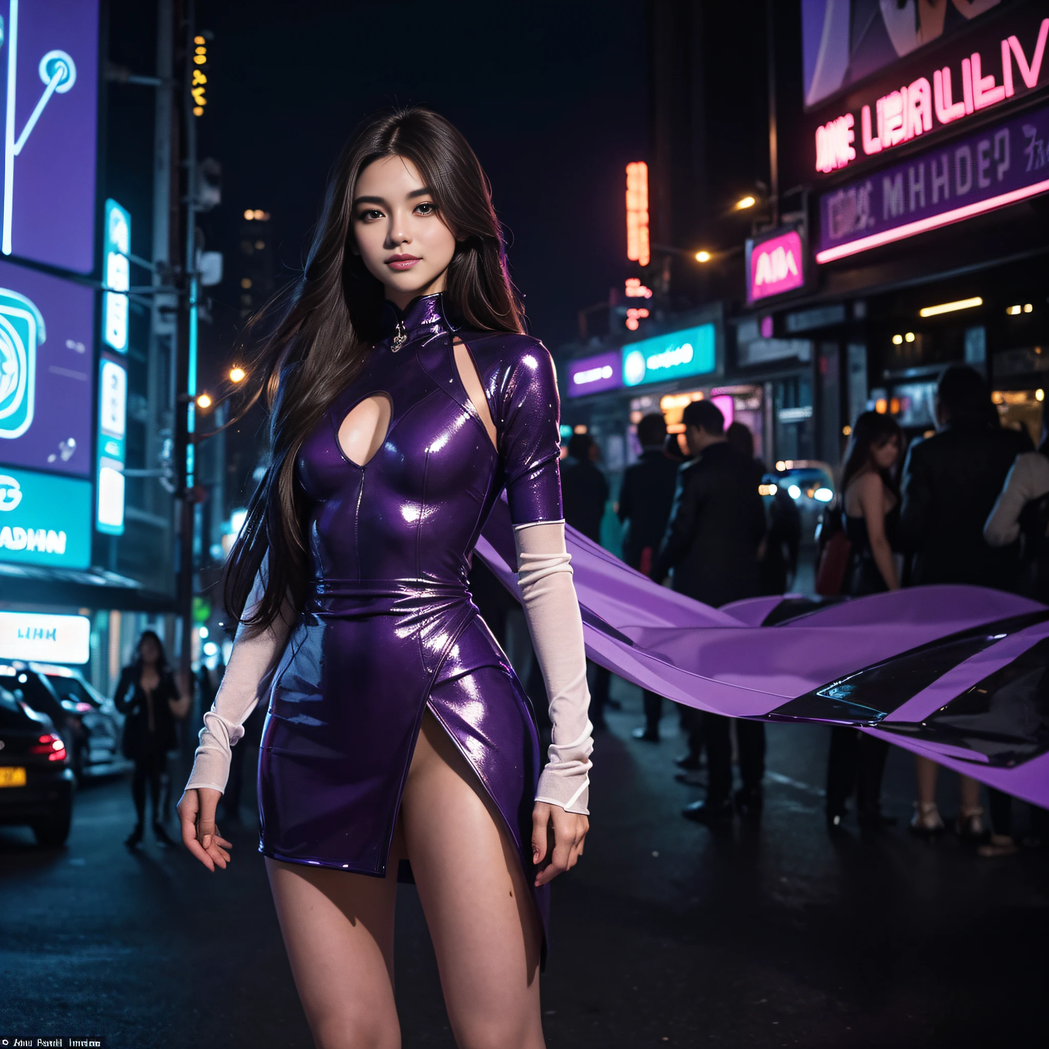 (Masterpiece: 1.2), Top Quality, Super Detail, Very Detailed, (1 Beauty), (Futuristic Clothes), (Long Hair), (Brown Eyes), (Standing in Front of the Neon Light Cityscape), (Moonlight Illuminates Her), (The City Is Wrapped in Purple), (Embodies the theme of "Beauty in Return"), (Subtle but Charming Smile)