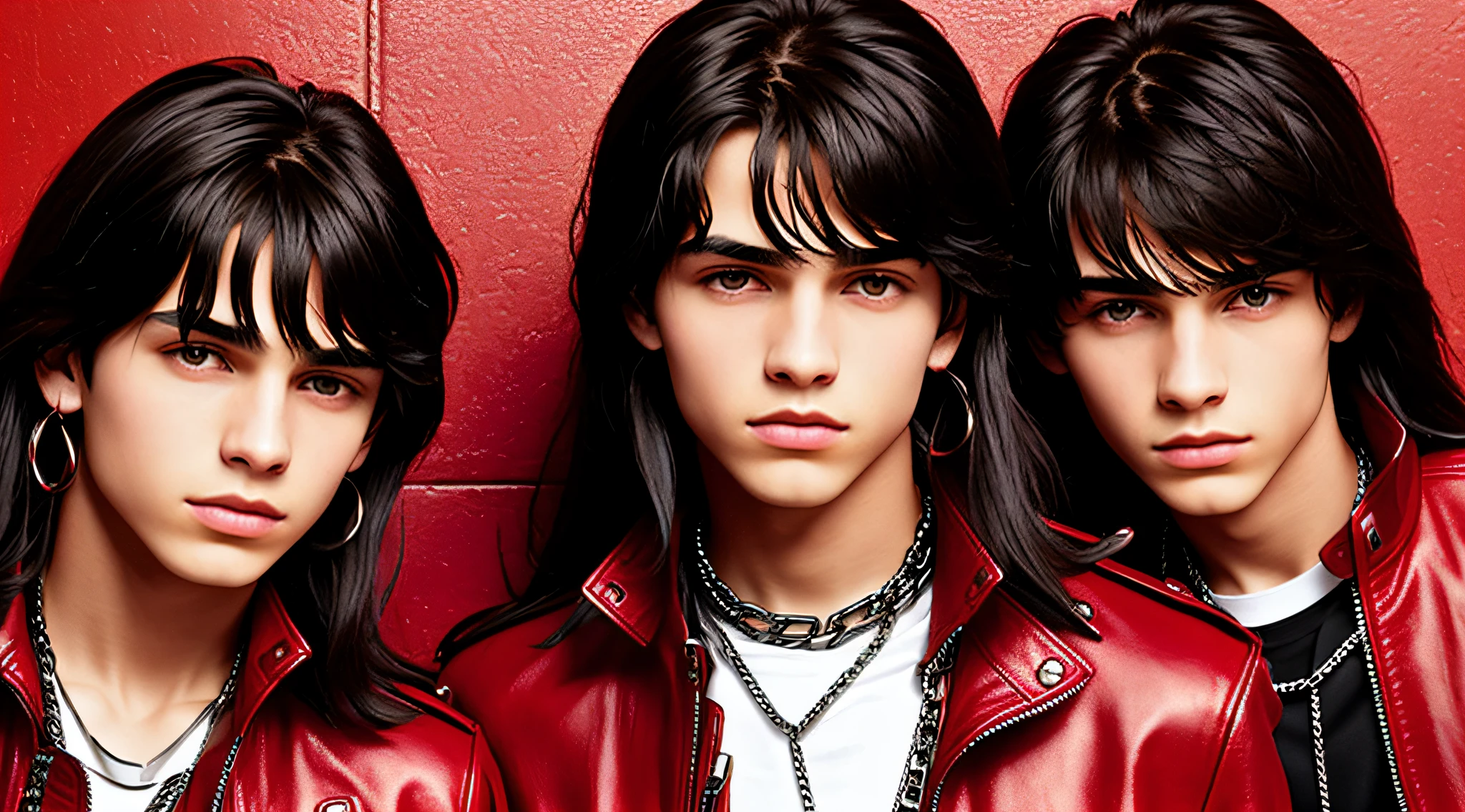 BOYS, CLOSEUP, WITH LONG DARK HAIR, WITH RED LEATHER JACKETS AND BLACK CLOTHING, ON A RED BACKGROUND WITH MANY CHAINS, FLOOR WITH CHAINS, CEILING WITH CHAINS.