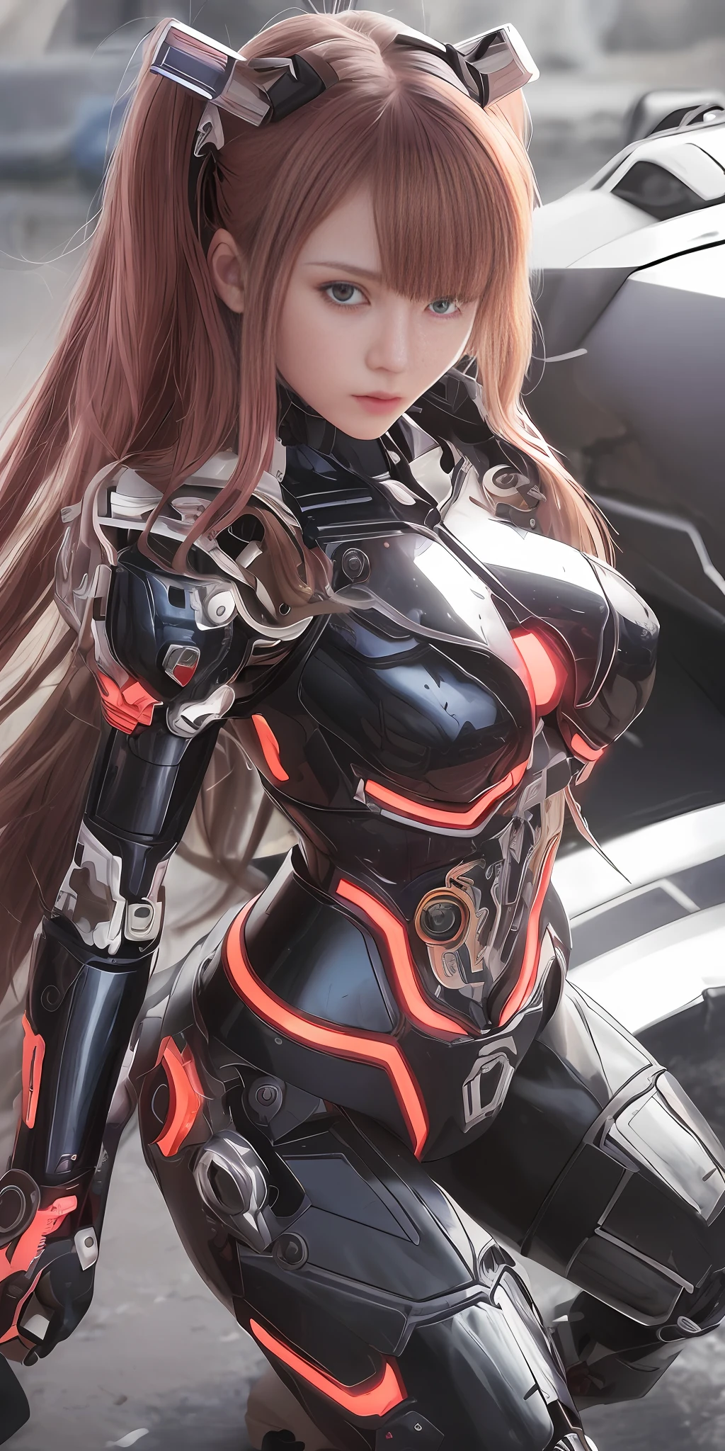 Gundam Girl, Mecha Body, Cyberpunk, Mechanical Body, Metal Body, Face, Chest and Thighs Are Raw Skin, Cleavage Is Visible, Red Eyes, Glowing Eyes, Metallic, Detailed Neon, Small LEDs, Delicate Parts, Cables, Cylinders, (Masterpiece: 1.3), (8k, Photorealistic, RAW Photos, Best Quality: 1.4), (1 Japan Cyborg Girls), beautiful face,