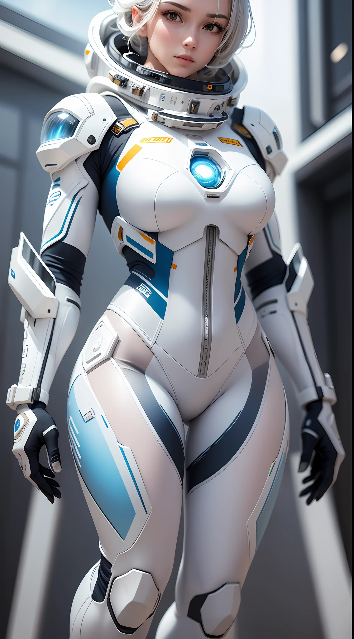 astronaut in white tech suit, cabelo branco comprido 3d, white suit with blue accents, futuristic white spaceship in the background, highly detailed, snow white background, predominant white color, futuristic, technology, intricately detailed, fine details, detailed body, hyperdetailed, full body , soft diffused lighting, depth of field, full body, intricate, high detail, sharp focus, full body + ultra, realistic, detailed face, ultra realistic details, cinematic Clear Light style + full body, 8k, rendering, ultra detailed, light side, sunlight beauty, clear light --auto --s2