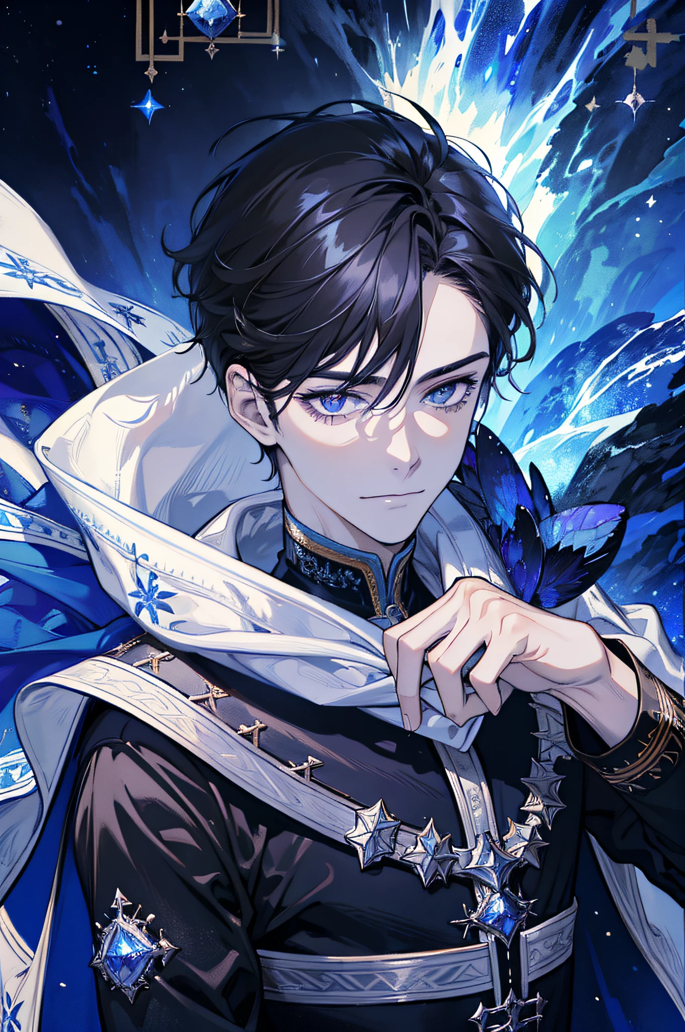 (absurdres, highres, ultra detailed), 1 male, adult, handsome, tall muscular guy, broad shoulders, finely detailed eyes, dark color hair, fantasy, complex pattern, detailed face, throne, magic effect, best ratio four finger and one thumb, ice, bitter cold, cold snap, smile, (dutch angle), closed mouth