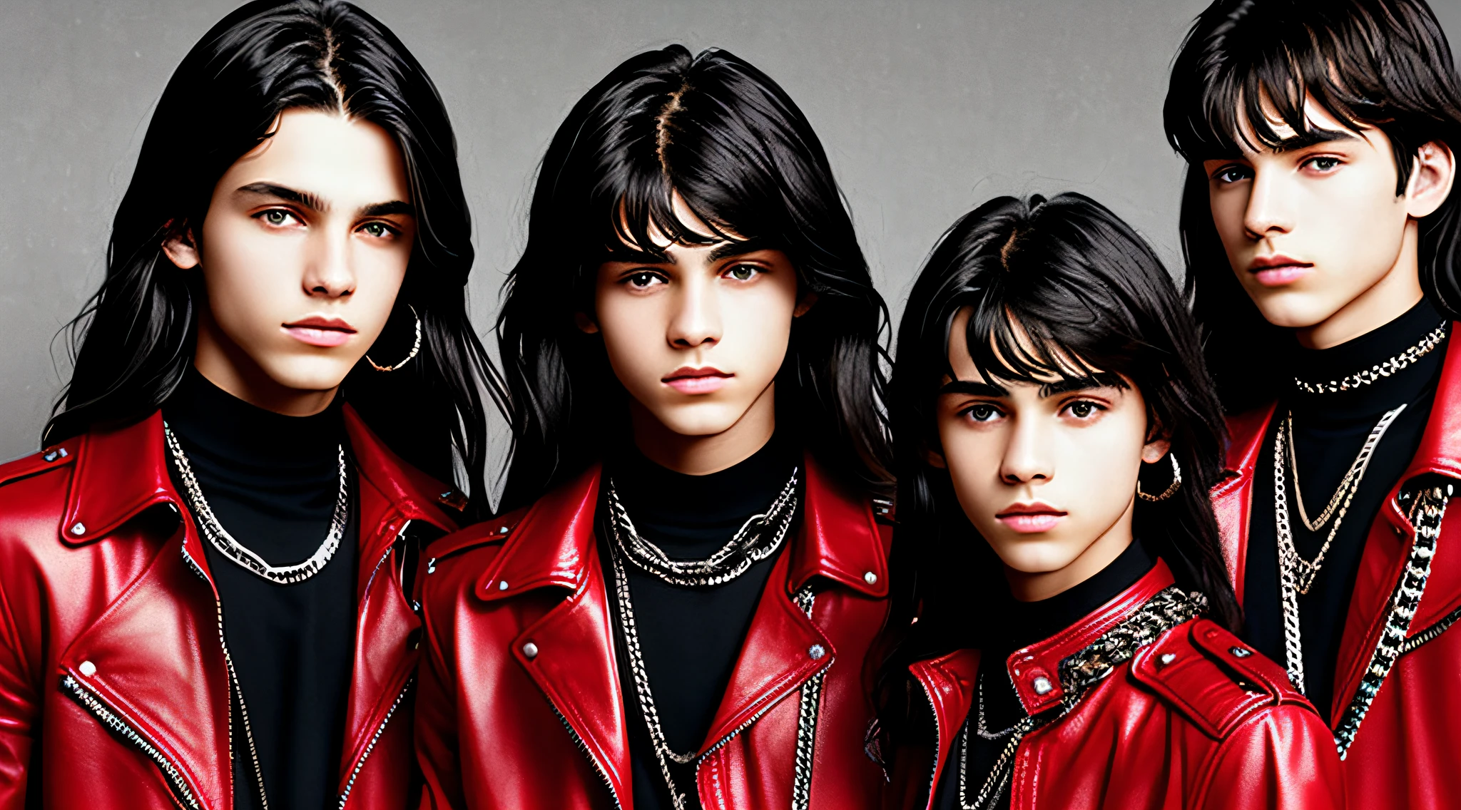 14-YEAR-OLD BOYS, CLOSEUP, WITH LONG DARK HAIR, WITH RED LEATHER JACKETS AND BLACK CLOTHING, ON A RED BACKGROUND WITH MANY CHAINS, FLOOR WITH CHAINS, CEILING WITH CHAINS.