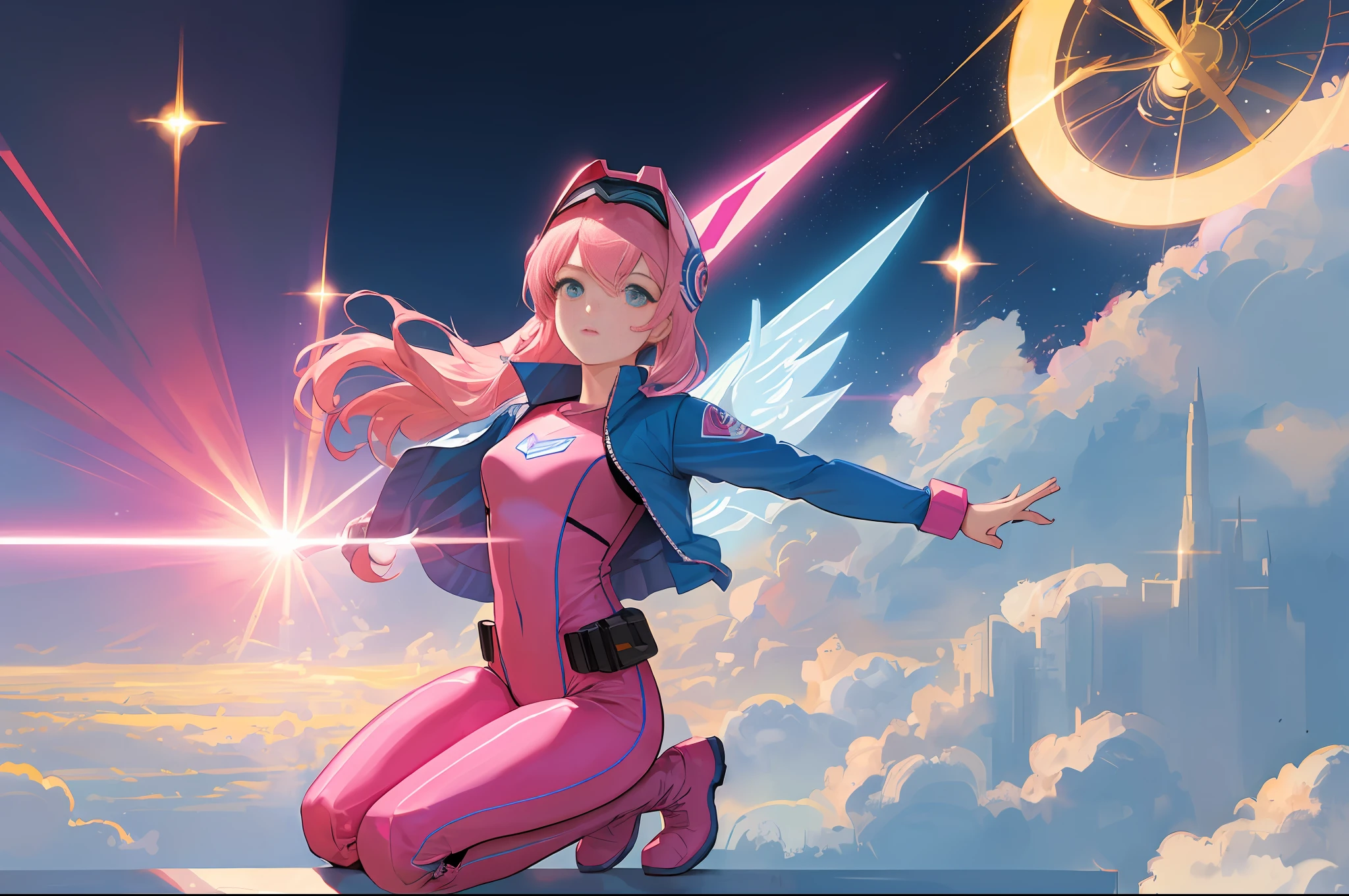 (masterpiece, top quality: 1.2), super detail, cinematic lighting, (1 girl: 1.3), she is a squadron heroine, squadron hero goranger, pink full-body suit, super sentai, power rangers, pink helmet with a big heart-shaped visor, very big heart mark on chest, white boots, fight phantom, solo, beautiful eyes of detail, unified 8k wallpaper, super detailed, Beautiful and beautiful, beautiful, slim body, small, masterpiece, best quality, original, masterpiece, best quality, ultra high definition, sunlight, full body portrait, full body, amazing beauty, dynamic pose, dynamic angle, beautiful eyes, she is a squadron heroine, goranger, pink full-body suit, very big heart mark on chest, fighting phantoms, heart-shaped rays, flying light, Laser beam, highly detailed futuristic city, detailed complex background, clear focus,